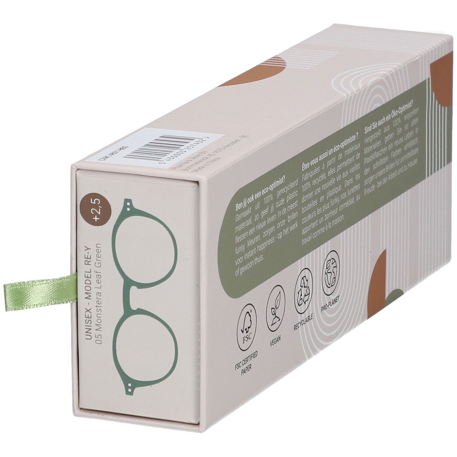 Étui à lunettes avec illustration. Texte: Unisex Model RE-Y, +2.5. Certifications FSC, vegan, recyclable, Pro-Planet.