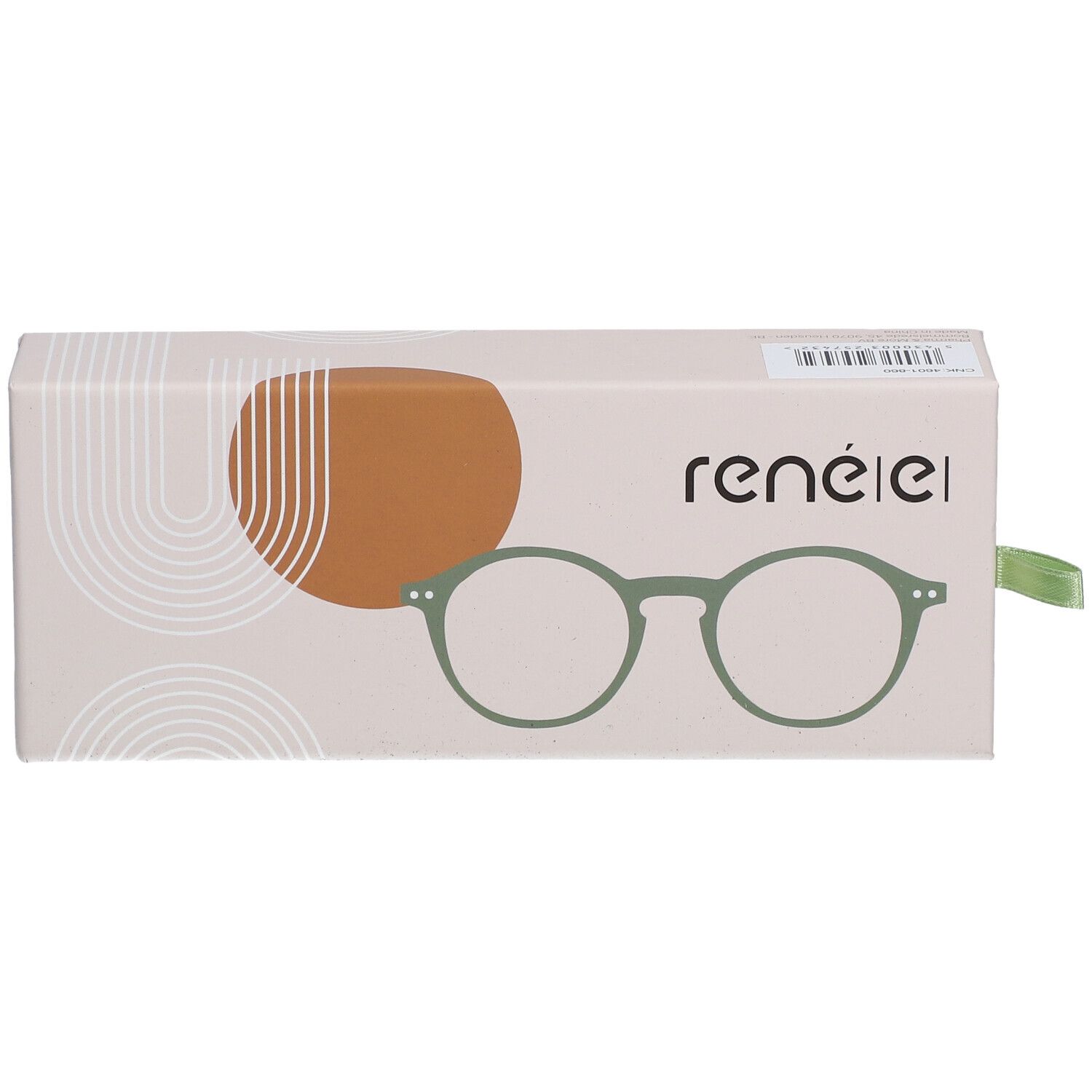 Étui à lunettes rené(e) avec illustration de lunettes vertes. Ruban vert. Boîte rectangulaire.