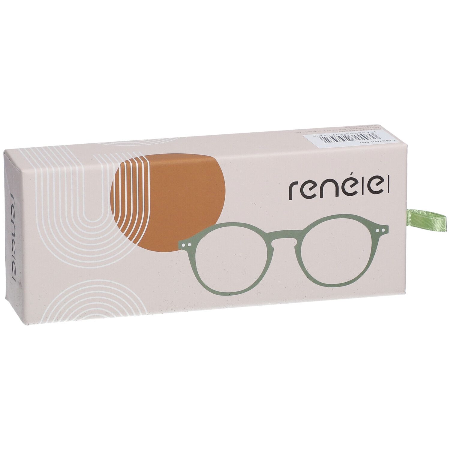 Étui à lunettes rené(e) avec illustration de lunettes vertes. Ruban vert. Boîte rectangulaire.