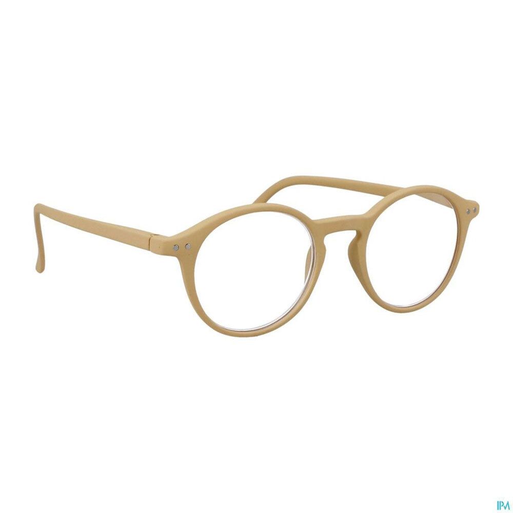 Lunettes de lecture rondes beiges avec verres transparents et monture fine.