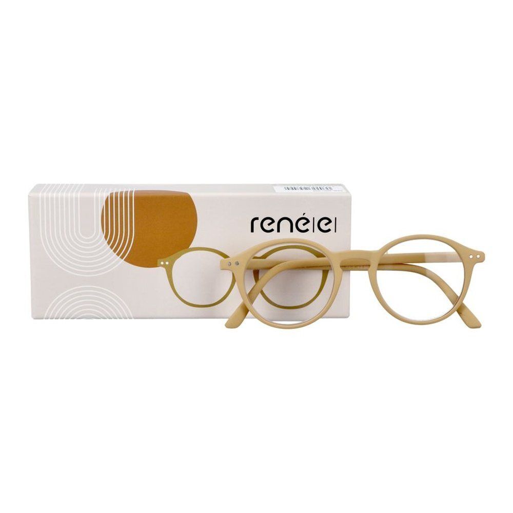 Lunettes et étui à lunettes. Lunettes jaunes, rondes. Étui avec illustration de lunettes et inscription "rené|e|".