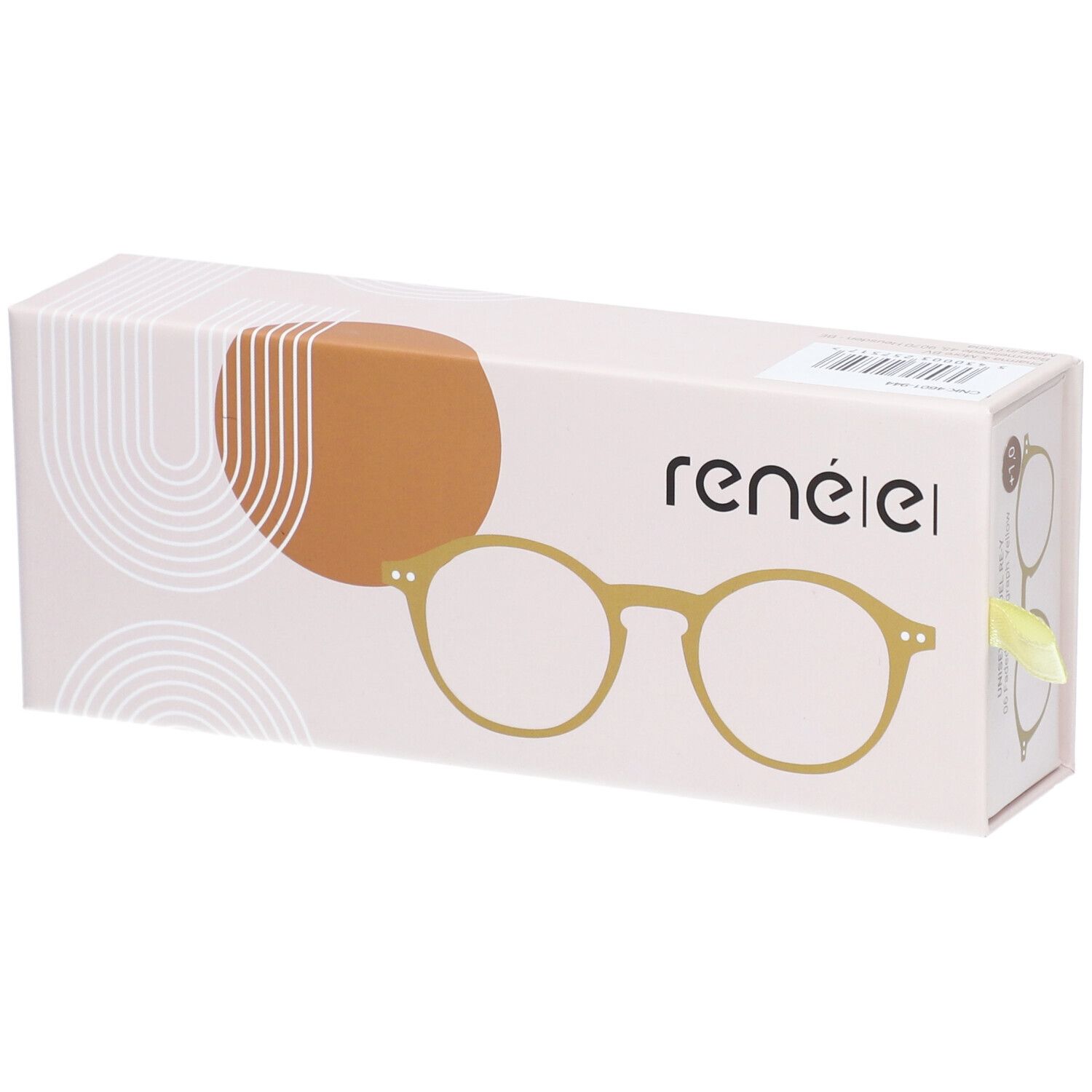 Étui à lunettes avec illustration de lunettes. Inscription : ren
é|el. Ruban jaune pour l'ouverture.