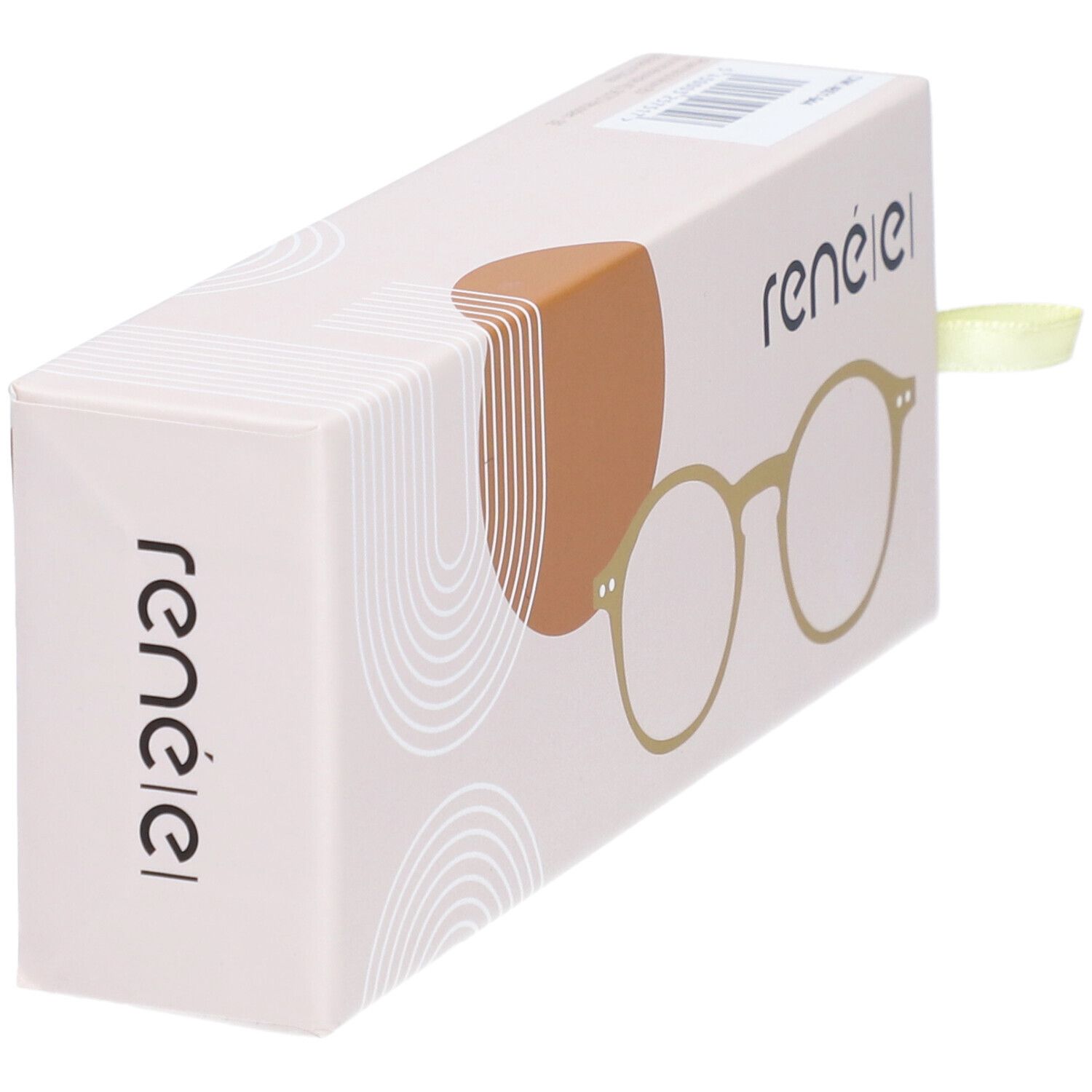 Étui à lunettes, en biais. Inscription : ren
é|el. Ruban jaune pour l'ouverture.