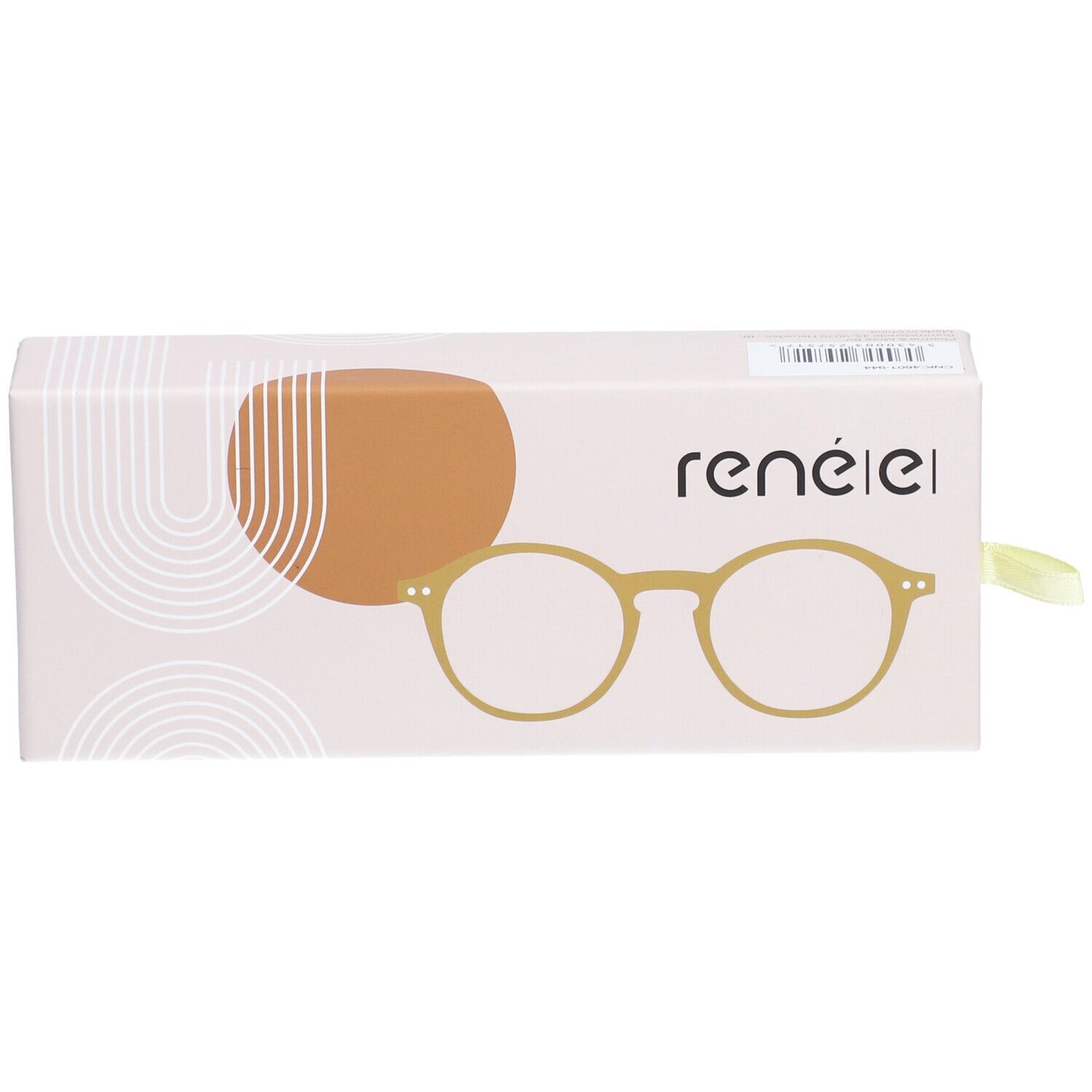Étui à lunettes avec illustration de lunettes. Inscription : ren
é|el. Ruban jaune pour l'ouverture.