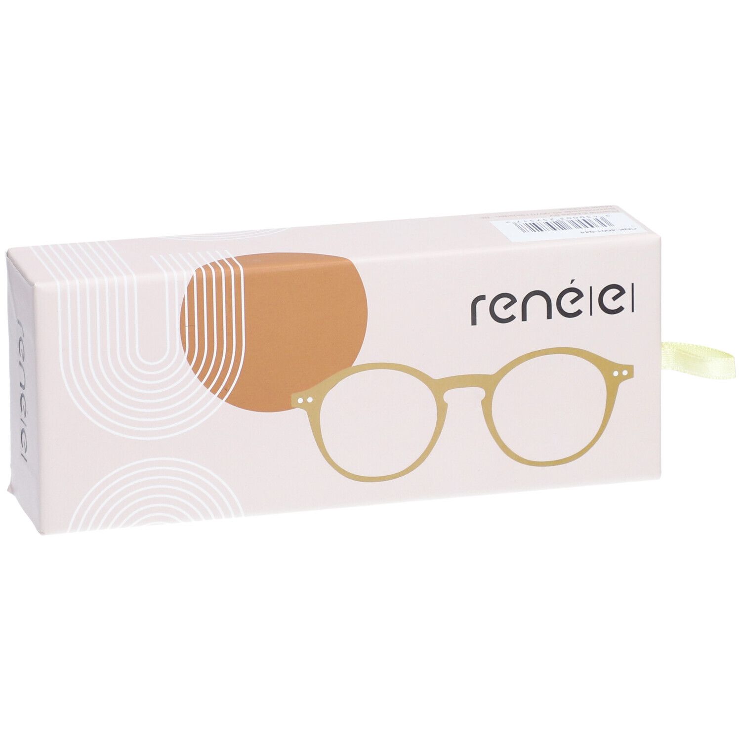 Étui à lunettes avec illustration de lunettes. Inscription : ren
é|el. Ruban jaune pour l'ouverture.