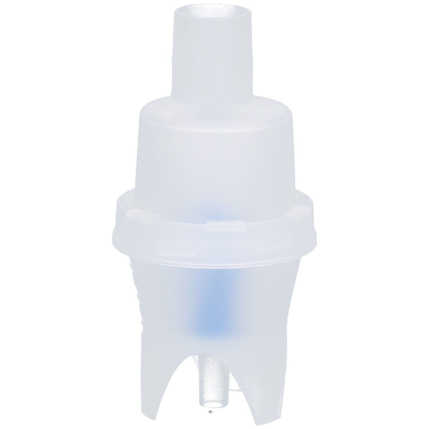 Dispositif médical. Ensemble nébuliseur. Pièce en plastique transparent avec embout cylindrique, partie centrale conique et trois pieds.