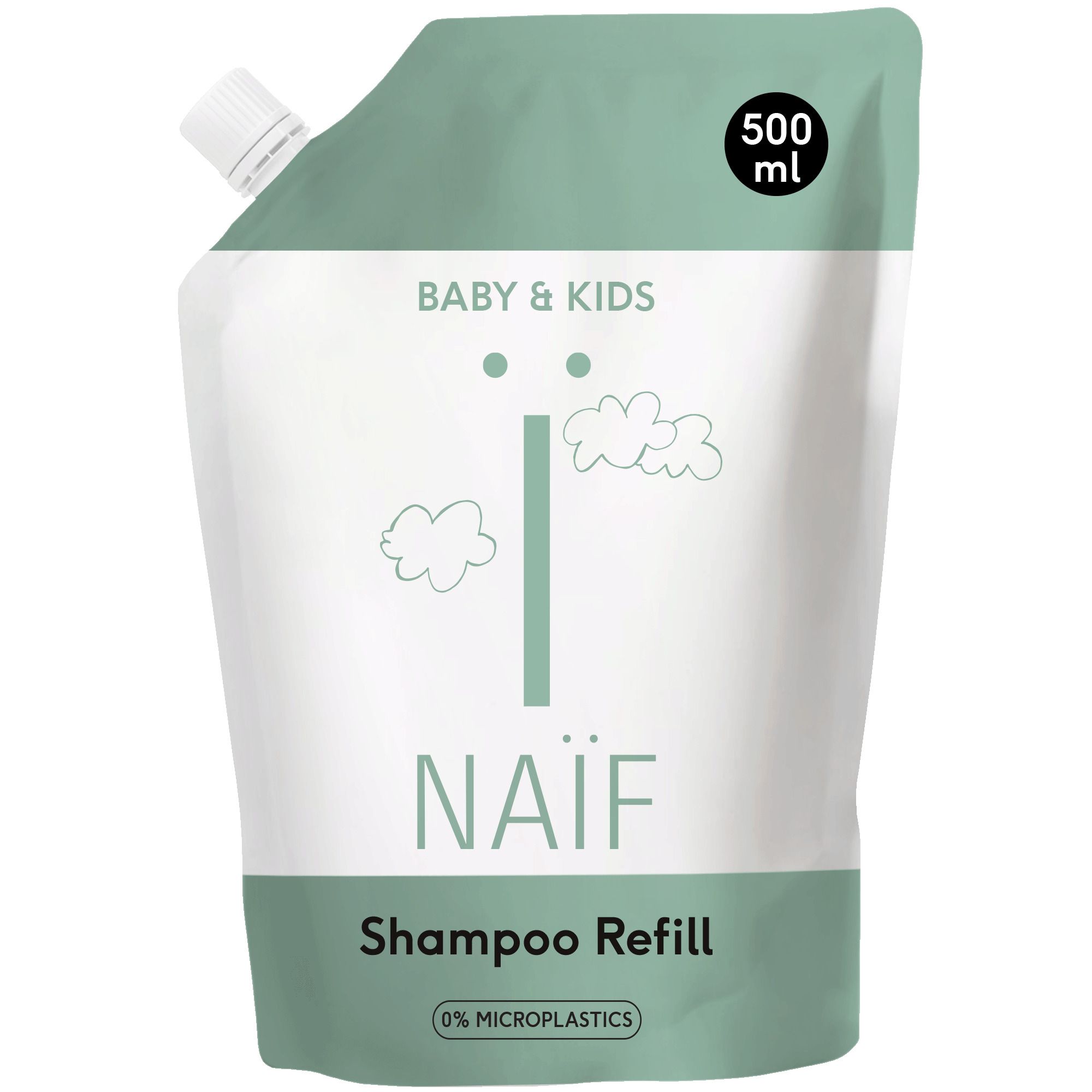 Recharge de shampooing. Emballage vert clair avec impression blanche. Contient 500 ml. Avec l'impression "0% microplastiques".