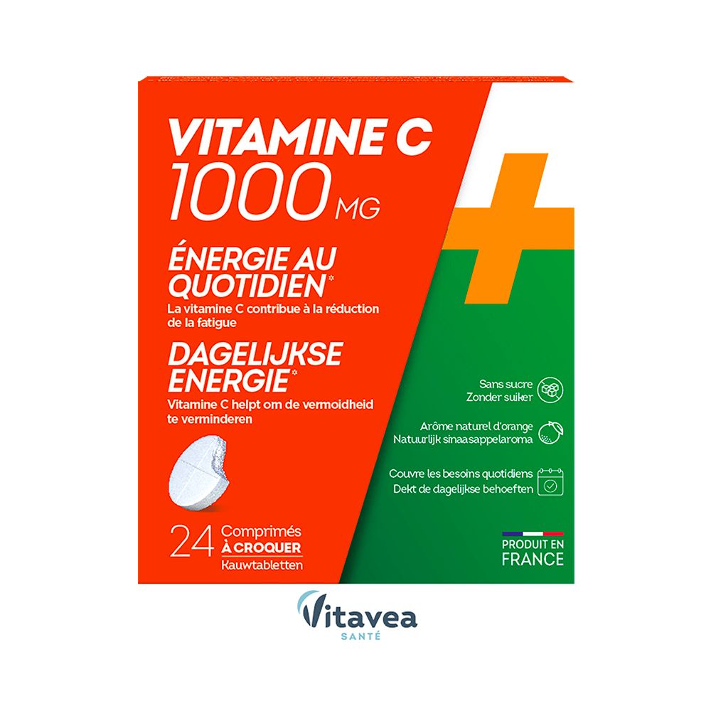 Boîte avec inscription "VITAMINE C 1000 MG". Texte en français et néerlandais. 24 comprimés.