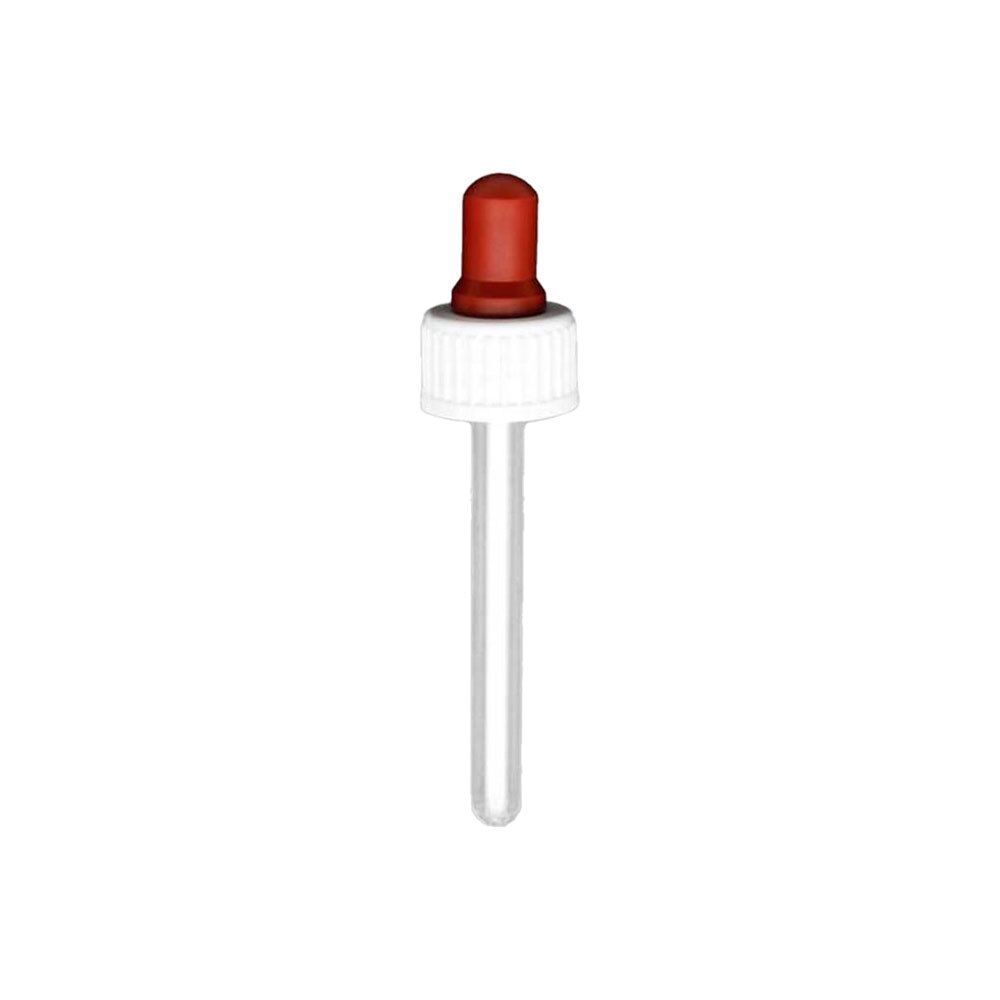 Compte-gouttes avec tête rouge et bouchon à vis blanc. Pipette transparente.