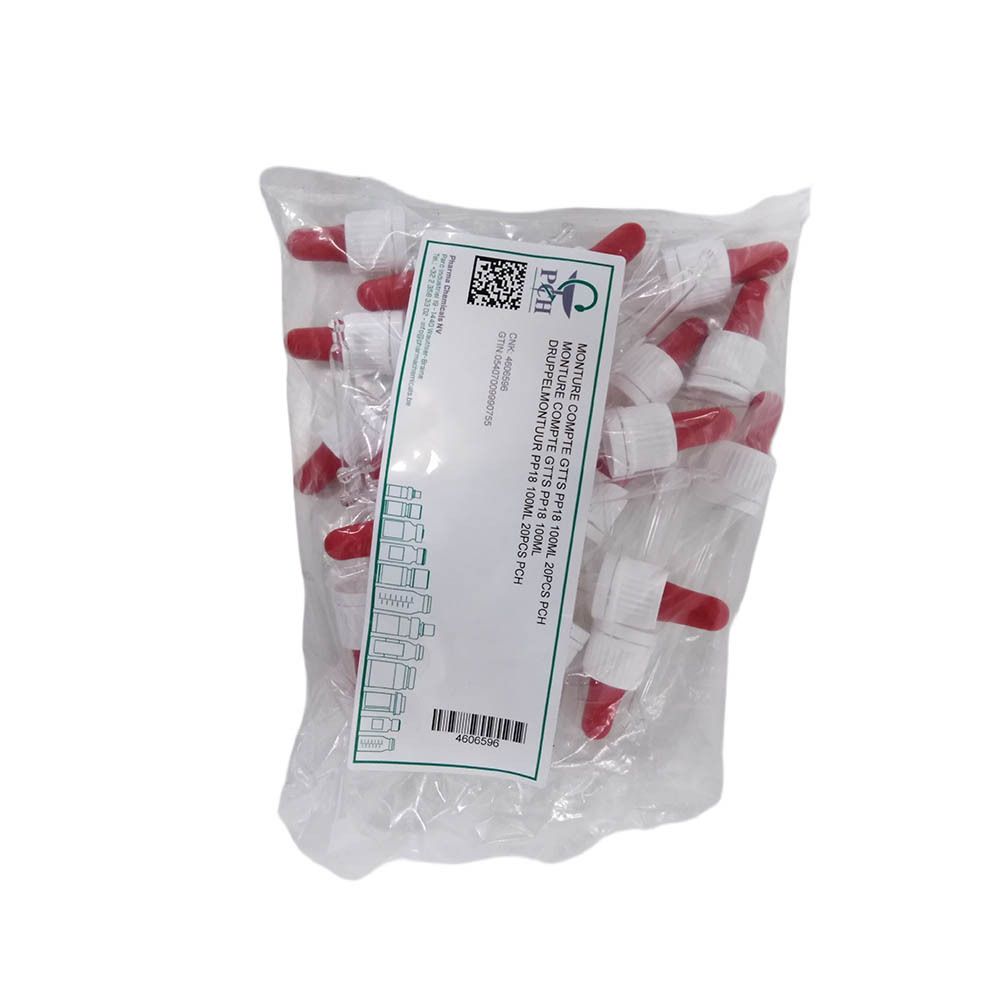 Sachet contenant plusieurs compte-gouttes. Têtes rouges, bouchons blancs. Étiquette avec texte et code-barres.