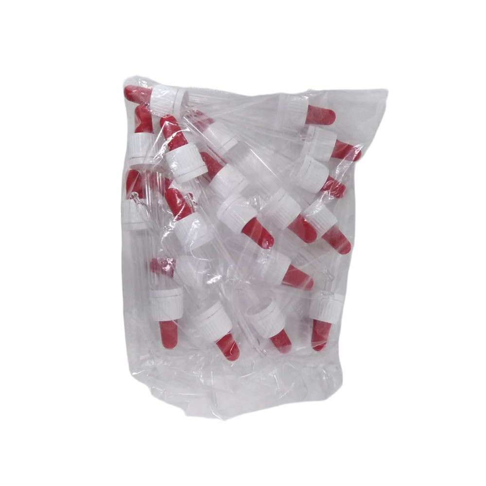 Sachet contenant plusieurs compte-gouttes. Têtes rouges, bouchons blancs. Emballage transparent.