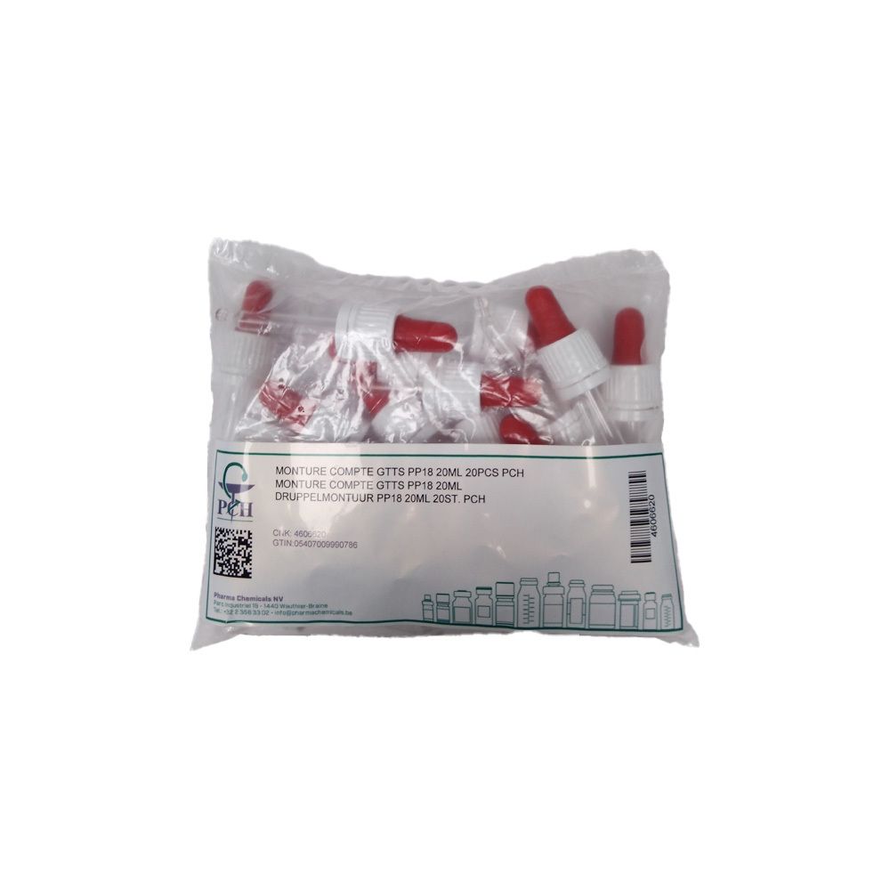 Sachet transparent contenant des compte-gouttes rouges et blancs. Texte sur l'emballage.