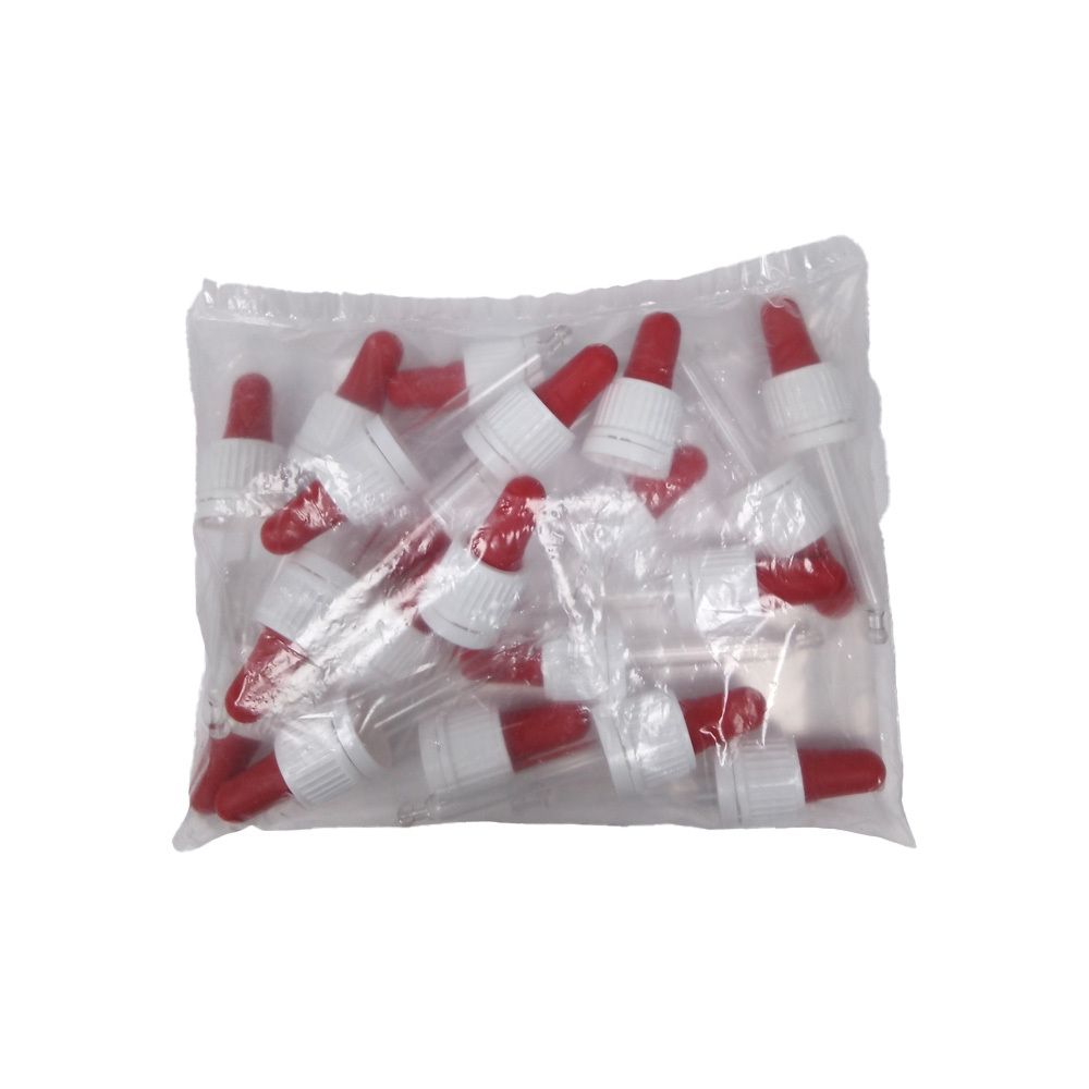 Sachet plastique transparent contenant plusieurs compte-gouttes rouges et blancs.