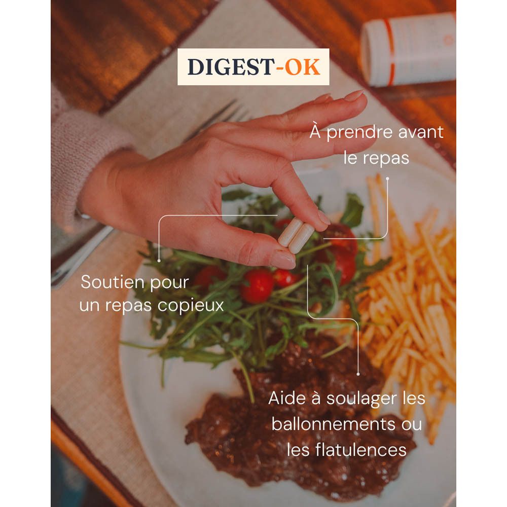 Personne tenant des gélules au-dessus d'une assiette. Logo DIGEST-OK® en haut à gauche.