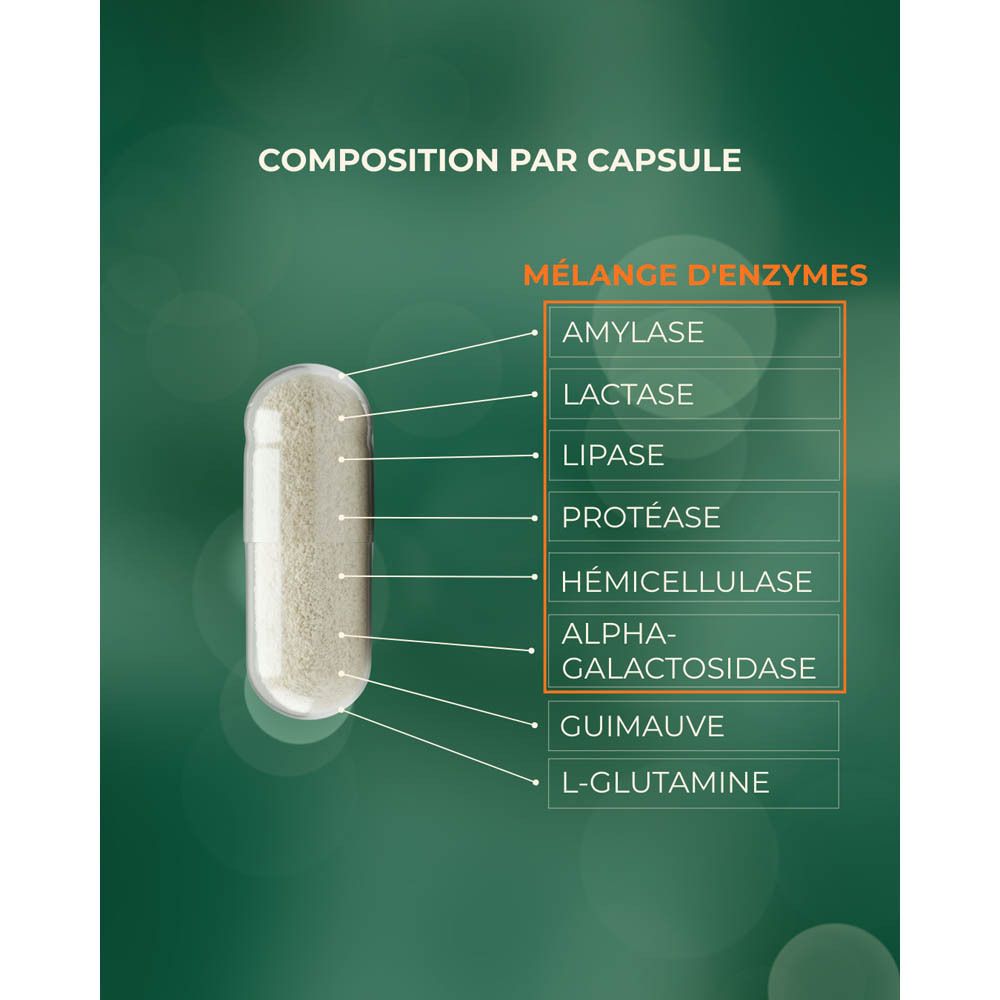 Image produit avec gélule et texte. Contient enzymes, L-glutamine et guimauve.