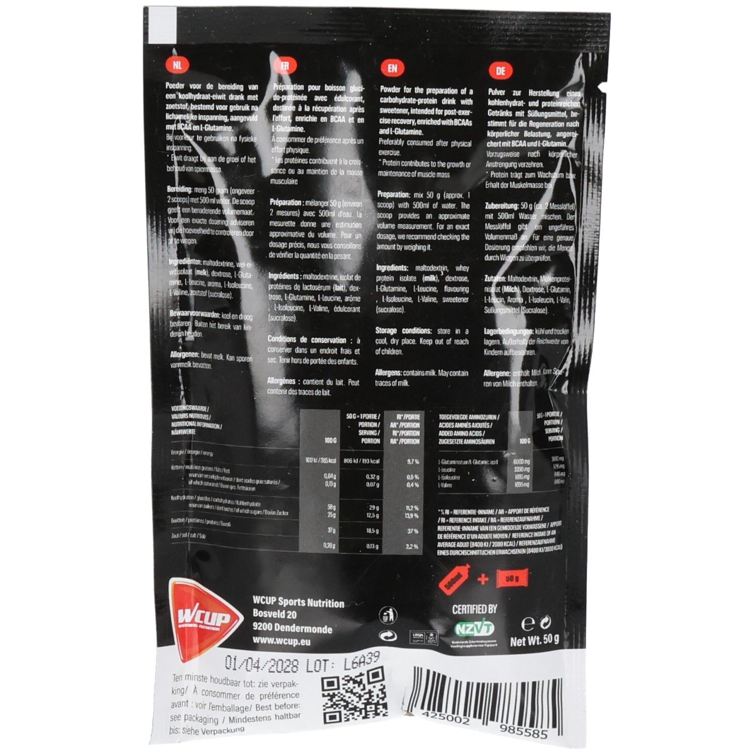 Arrière d'un sachet de poudre WCUP Recovery Shake Vanille avec informations nutritionnelles.