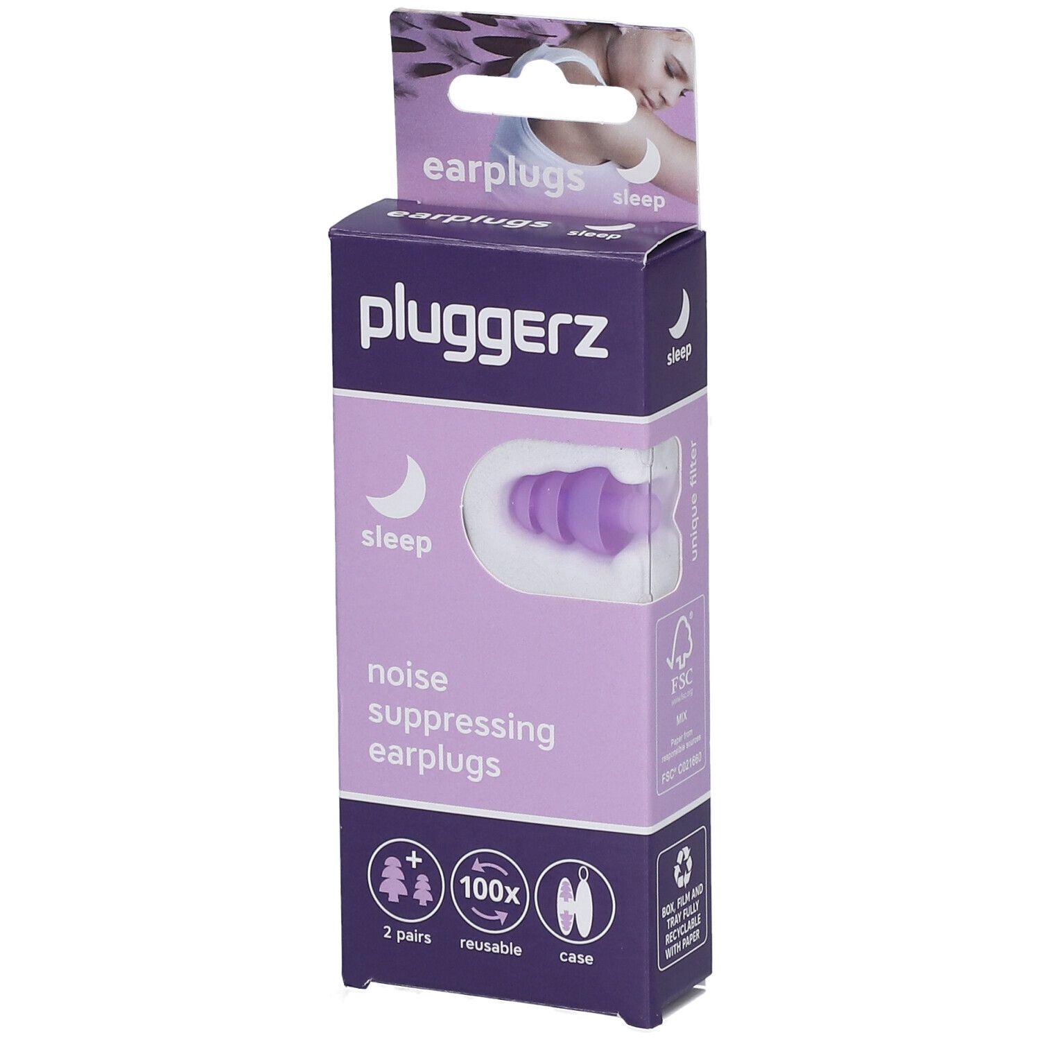 Boîte de bouchons d'oreille PLUGGERZ Sleep. Violet et blanc, symbole de lune. Contient 2 paires, réutilisables, avec étui.