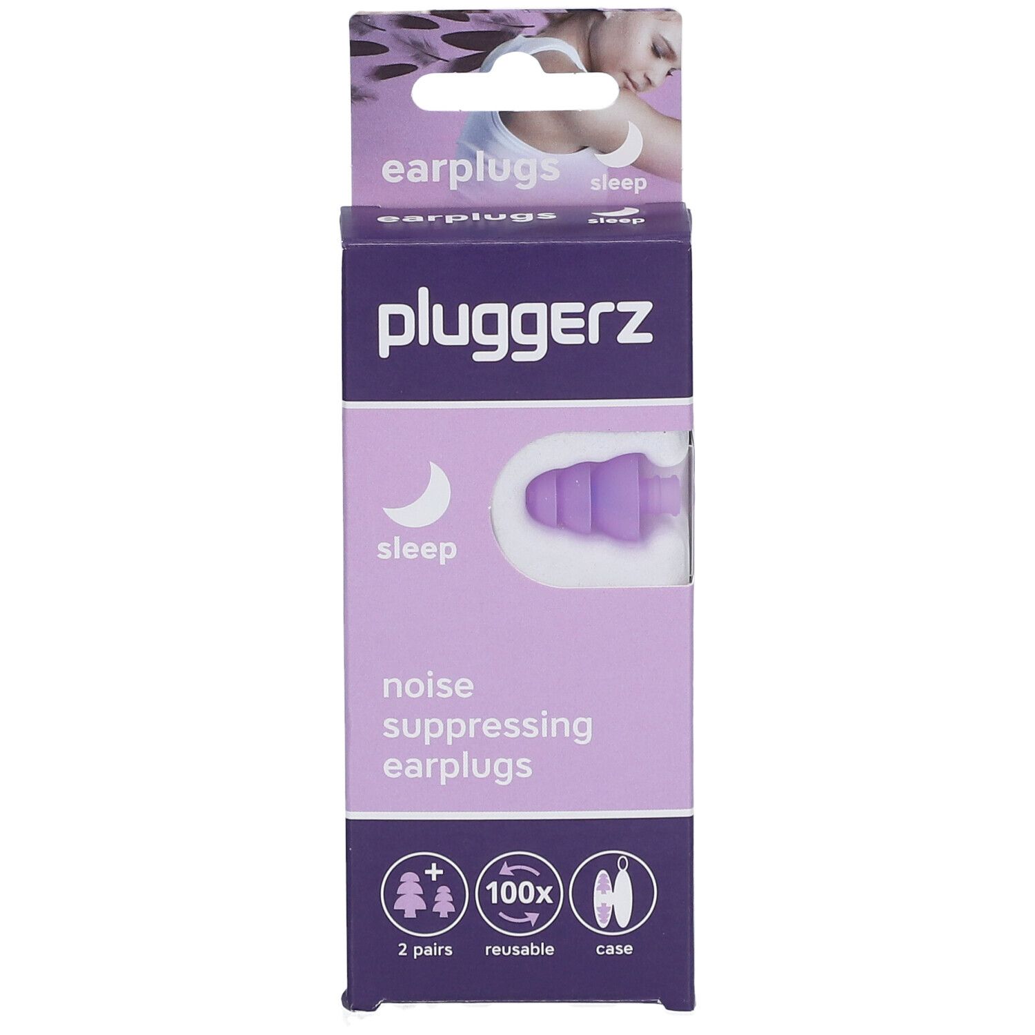 Emballage PLUGGERZ Sleep. Bouchons d'oreille violets visibles. Symbole de lune et nom du produit. Contient 2 paires, réutilisables, avec étui.