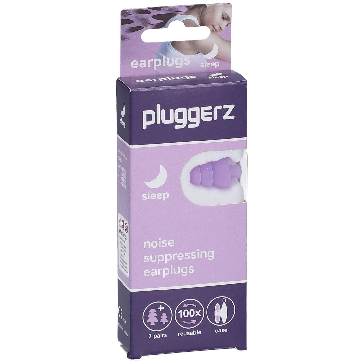 Emballage PLUGGERZ Sleep. Bouchons d'oreille violets visibles. Symbole de lune et nom du produit. Contient 2 paires, réutilisables, avec étui.