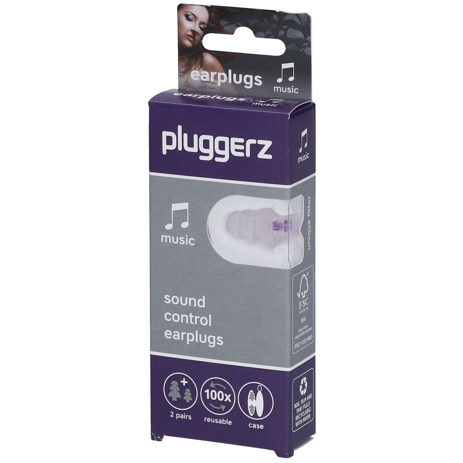 Emballage de bouchons d'oreille PLUGGERZ Music. Contient deux paires réutilisables et un étui. Certifié FSC.