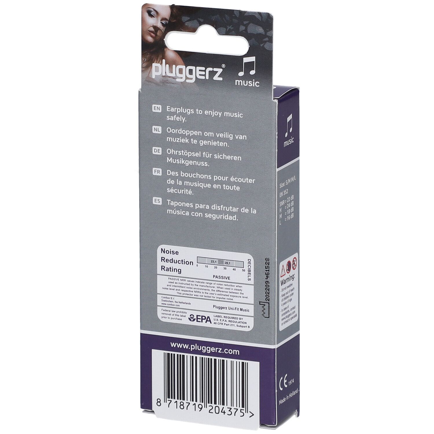 Dos de l'emballage des bouchons d'oreille PLUGGERZ Music. Contient des informations sur la réduction du bruit et des instructions.