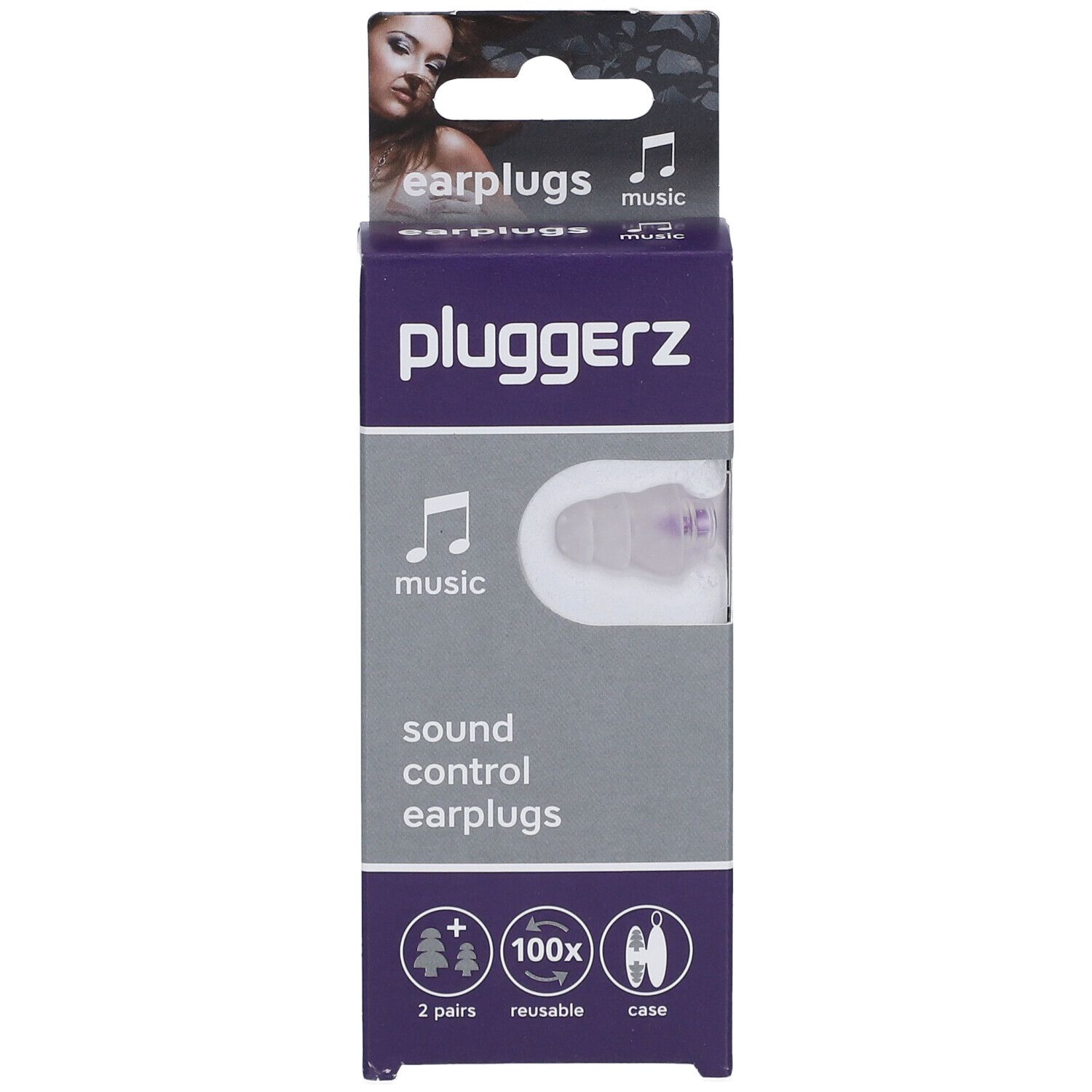 Emballage de bouchons d'oreille PLUGGERZ Music. Contient deux paires réutilisables et un étui. Certifié FSC.