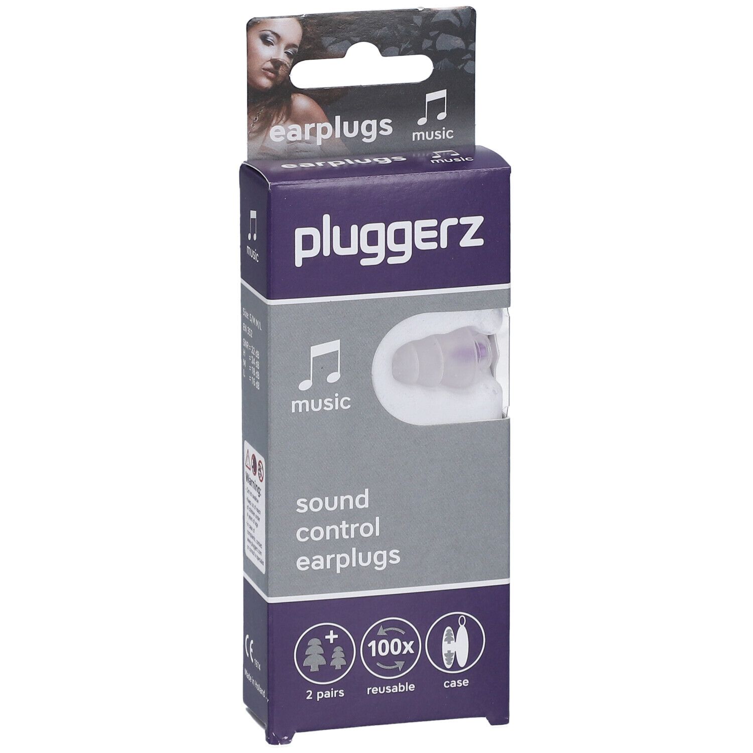 Emballage de bouchons d'oreille PLUGGERZ Music. Contient deux paires réutilisables et un étui. Certifié FSC.