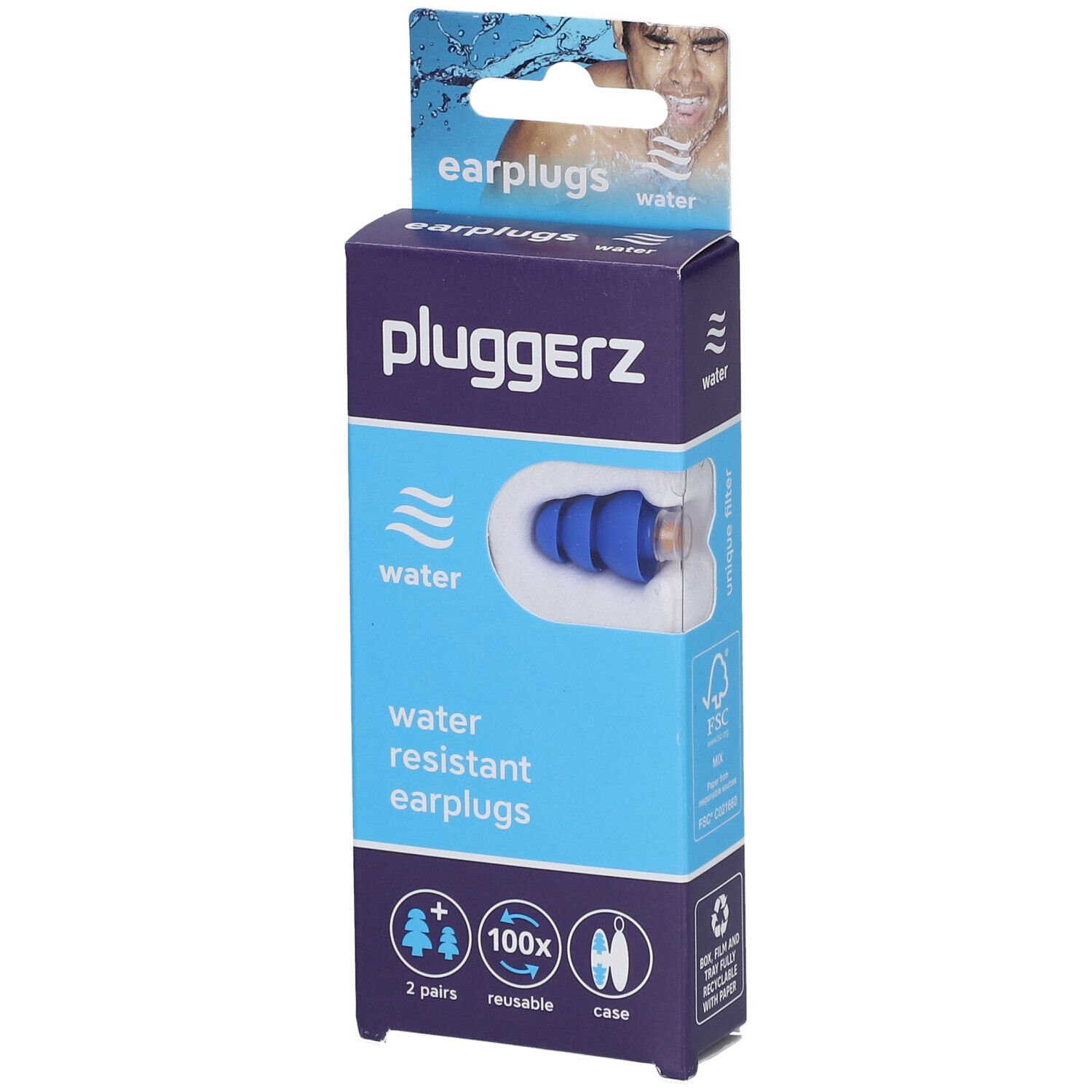 Boîte de bouchons d'oreille PLUGGERZ Water bleus. Contient 2 paires, réutilisables, avec étui. Résistant à l'eau.