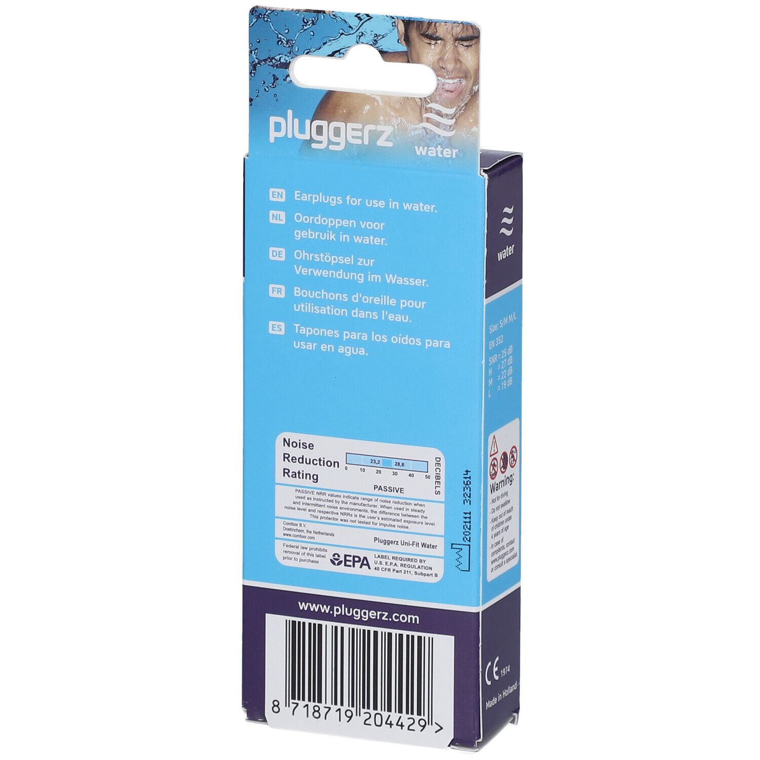Dos de la boîte PLUGGERZ Water. Contient des informations sur la réduction du bruit et des instructions d'utilisation.