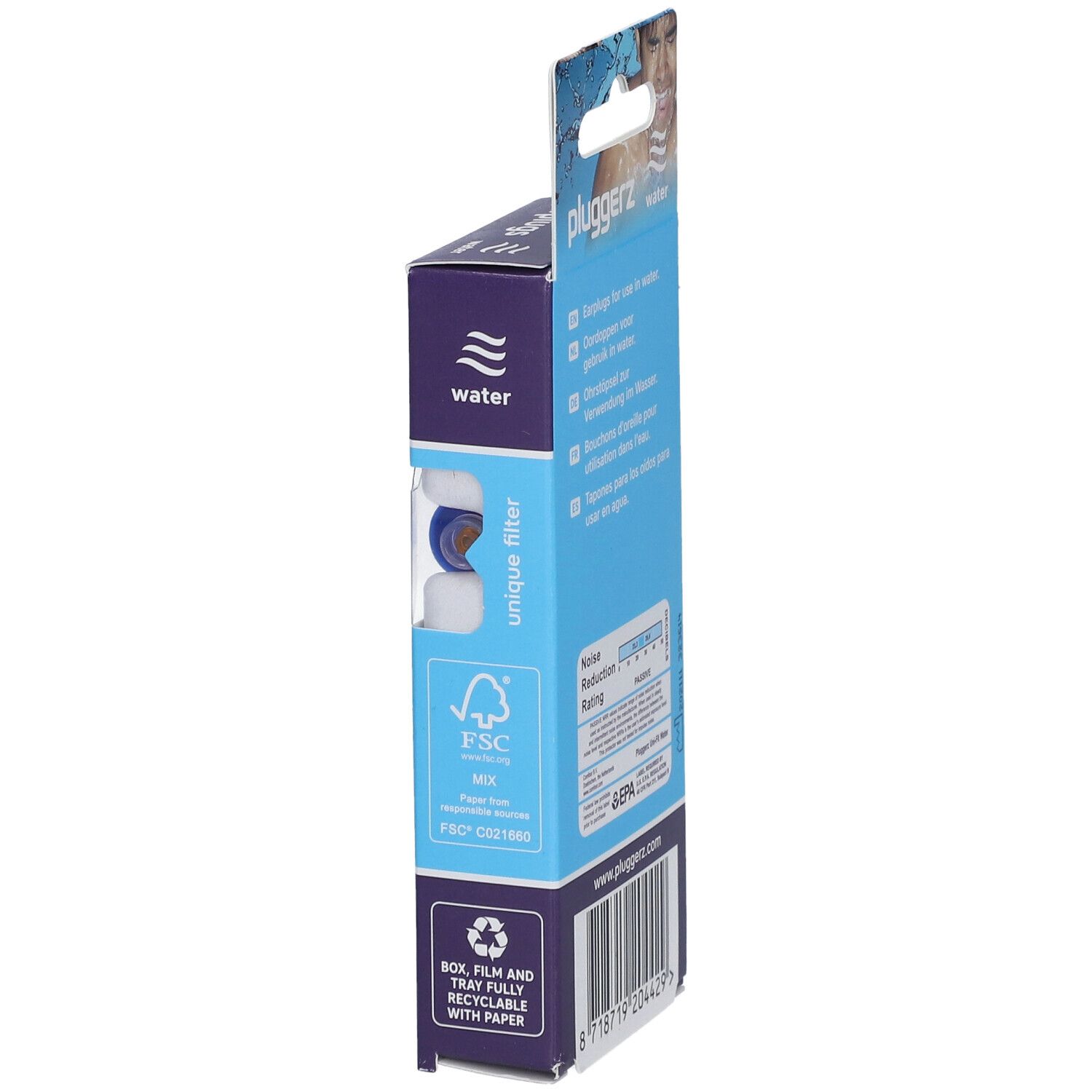 Vue latérale de la boîte PLUGGERZ Water. Certification FSC. Informations sur le recyclage.