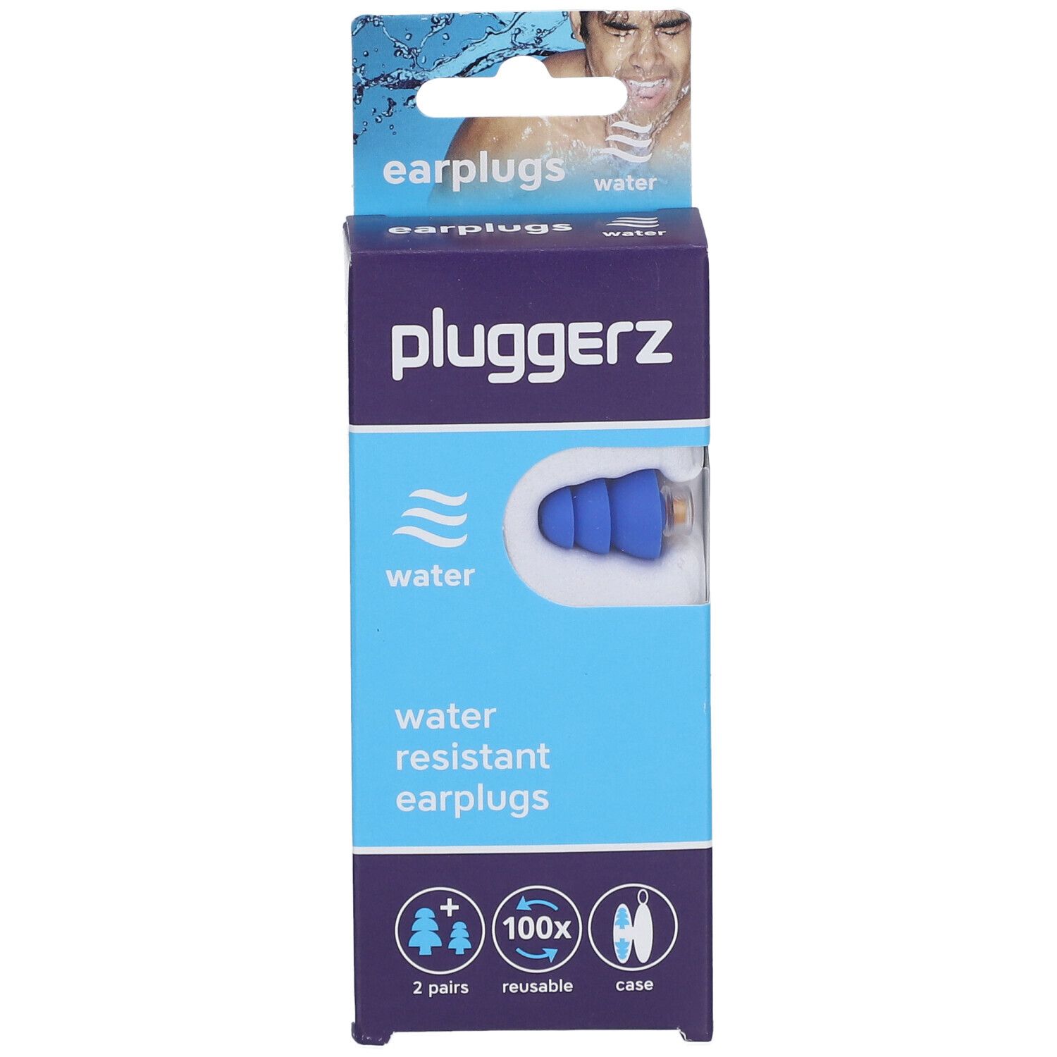 Boîte de bouchons d'oreille PLUGGERZ Water bleus. Contient 2 paires, réutilisables, avec étui. Résistant à l'eau.