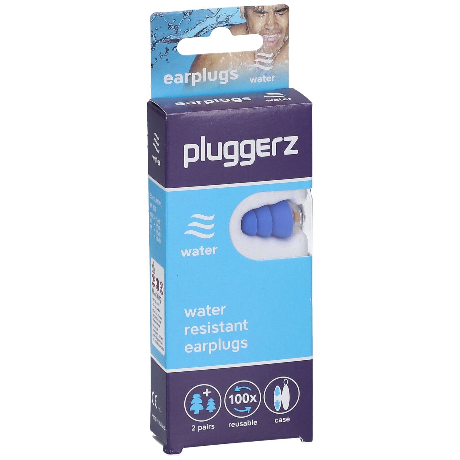Boîte de bouchons d'oreille PLUGGERZ Water bleus. Contient 2 paires, réutilisables, avec étui. Résistant à l'eau.
