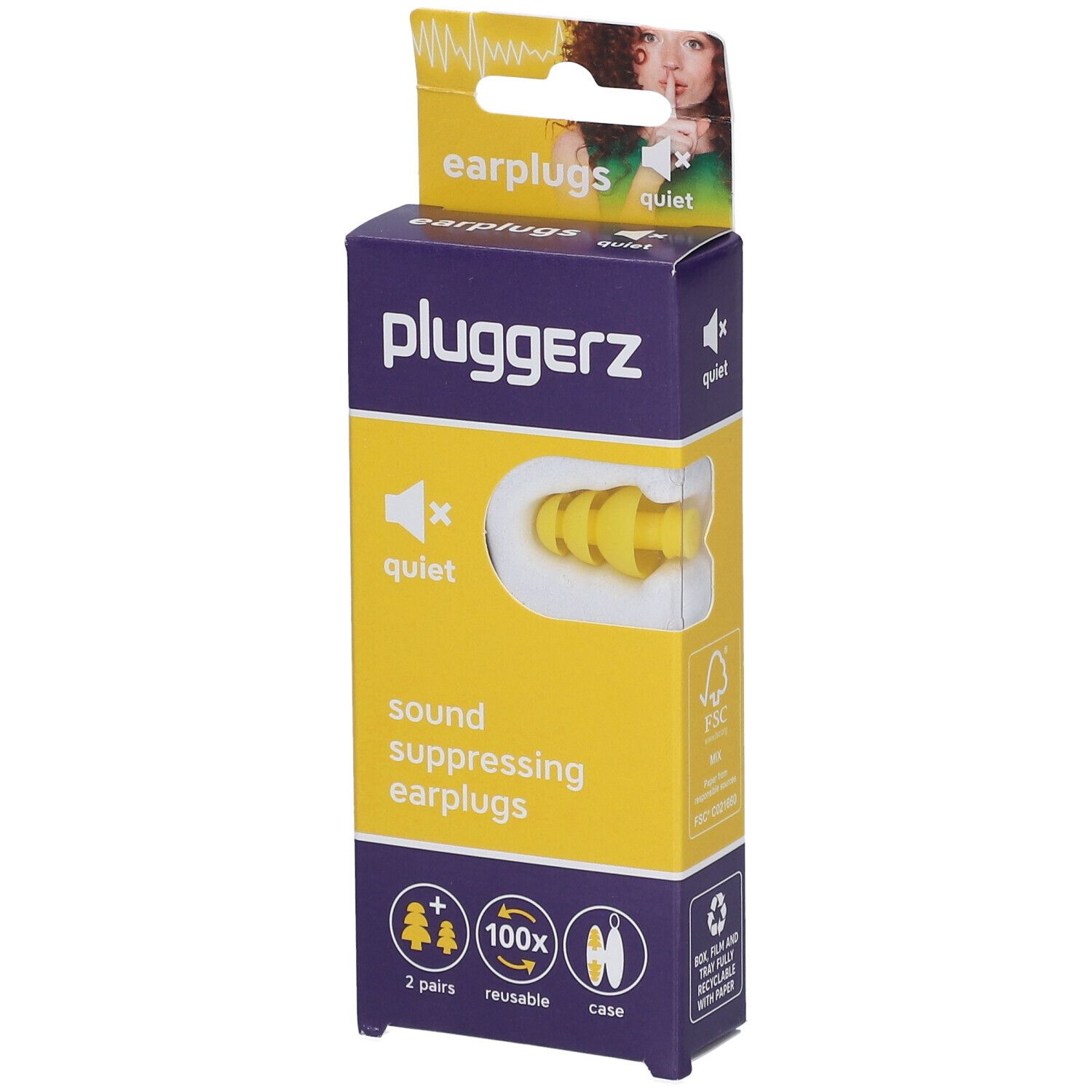 Emballage de bouchons d'oreille PLUGGERZ Quiet. Bouchons d'oreille jaunes visibles. Inscription : sound suppressing earplugs.