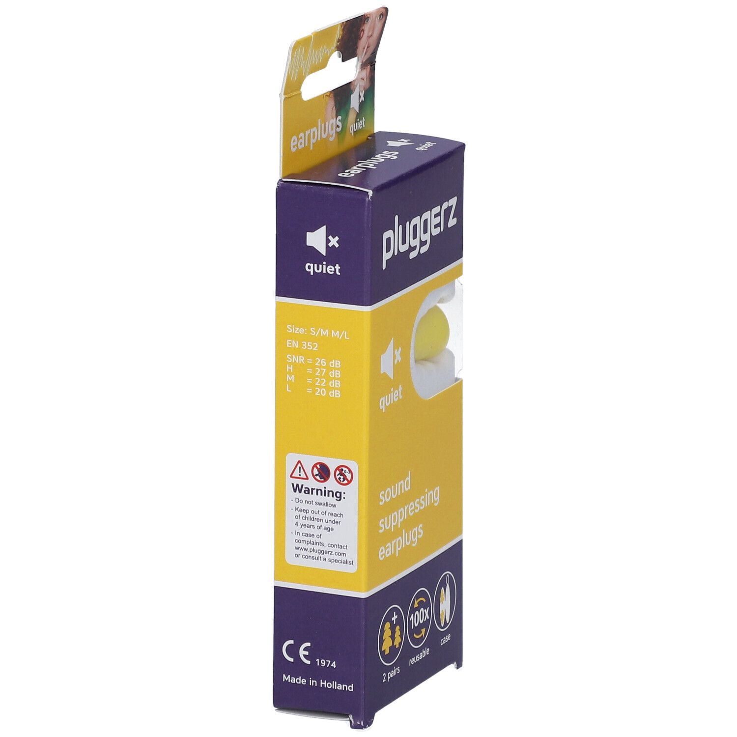 Emballage de bouchons d'oreille PLUGGERZ Quiet. Inscription : sound suppressing earplugs. Tailles : S/M/L. Marquage CE.