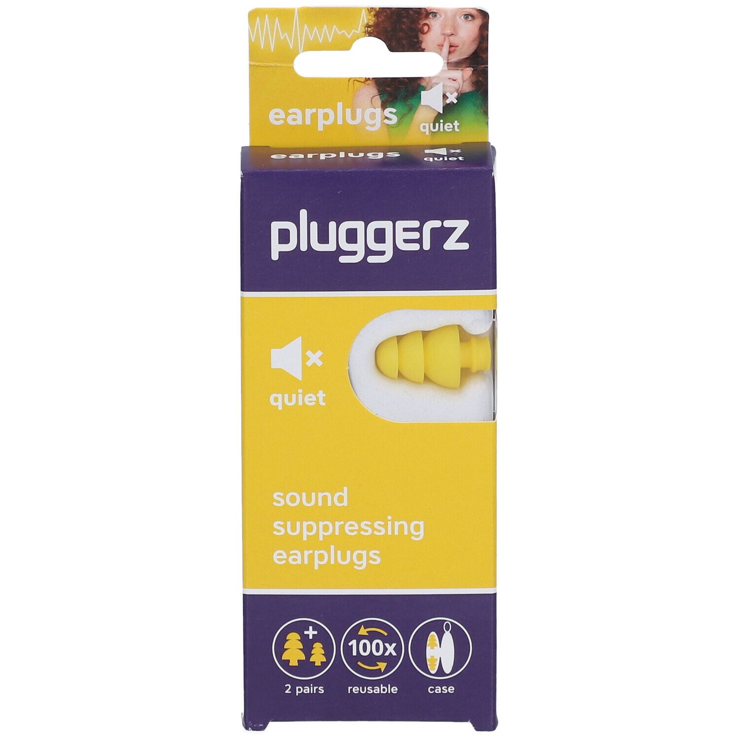 Emballage de bouchons d'oreille PLUGGERZ Quiet. Bouchons d'oreille jaunes visibles. Inscription : sound suppressing earplugs.
