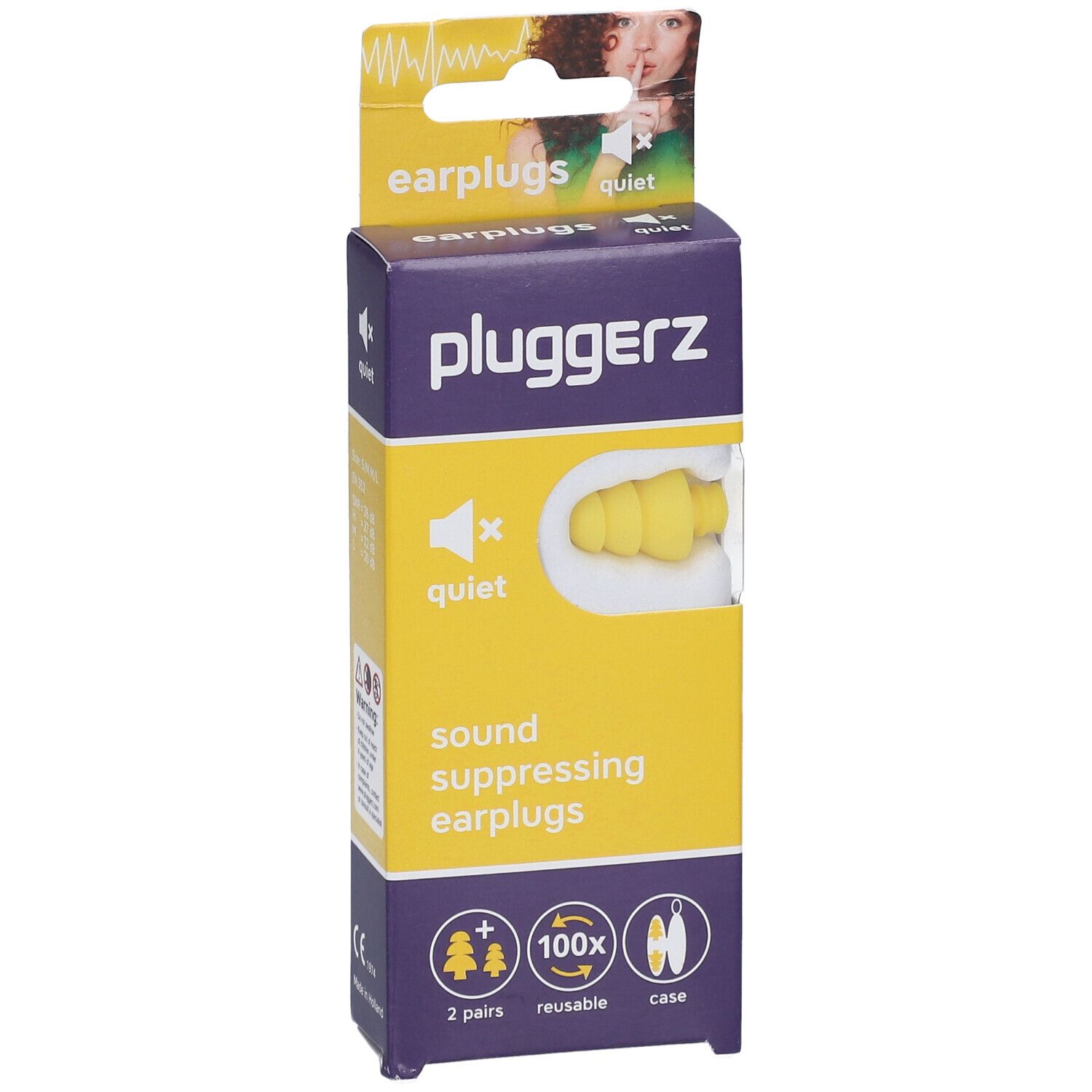 Emballage de bouchons d'oreille PLUGGERZ Quiet. Bouchons d'oreille jaunes visibles. Inscription : sound suppressing earplugs.