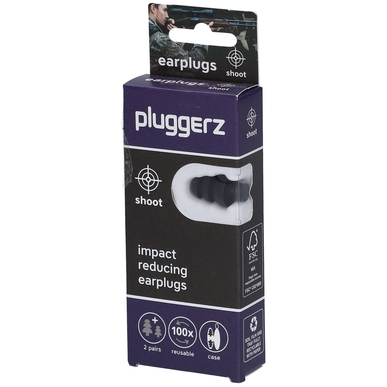 Emballage de bouchons d'oreille PLUGGERZ Shoot. Bouchons noirs visibles. Texte: impact reducing earplugs, 2 pairs, reusable, case.