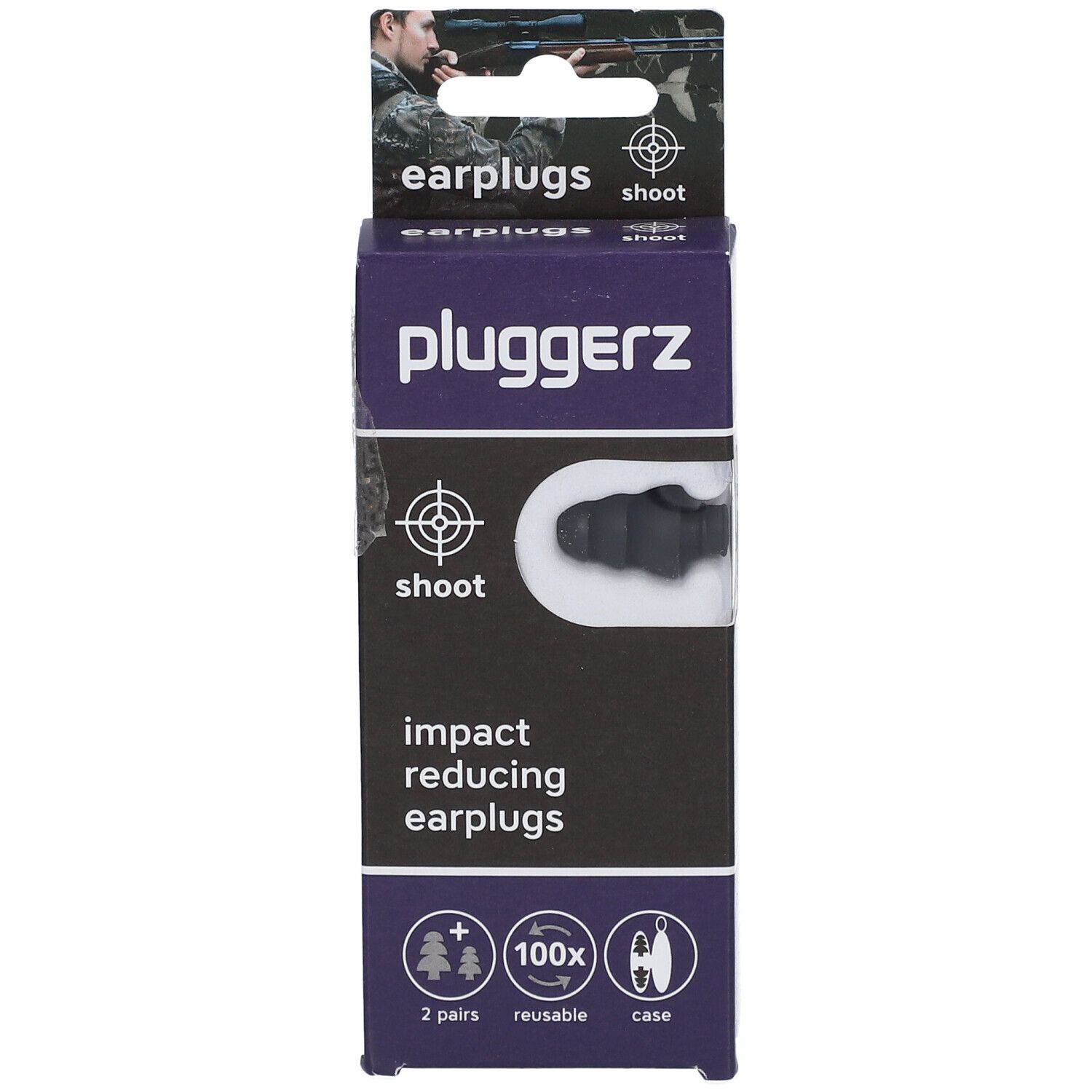 Emballage de bouchons d'oreille PLUGGERZ Shoot. Bouchons noirs visibles. Texte: impact reducing earplugs, 2 pairs, reusable, case.