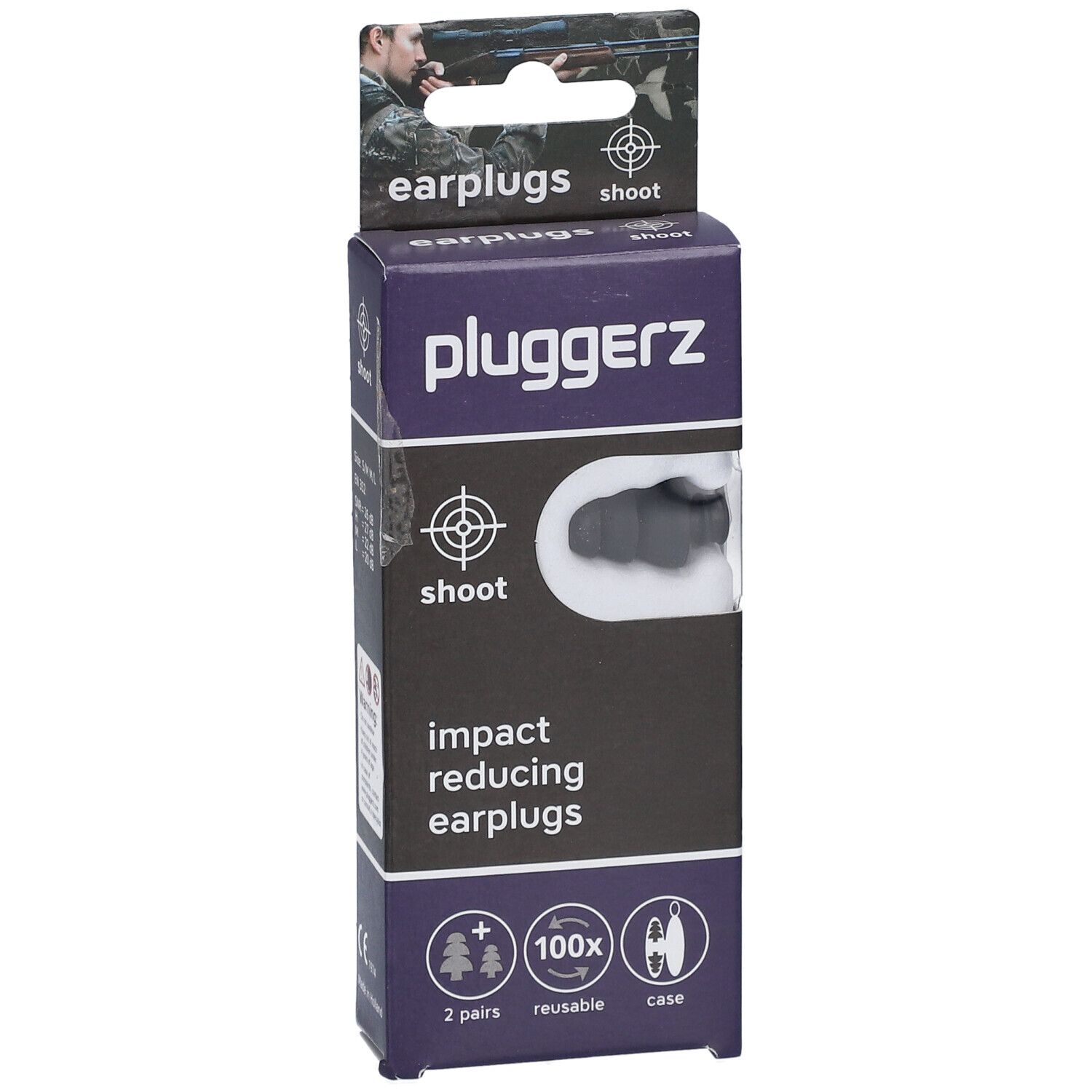 Emballage de bouchons d'oreille PLUGGERZ Shoot. Bouchons noirs visibles. Texte: impact reducing earplugs, 2 pairs, reusable, case.