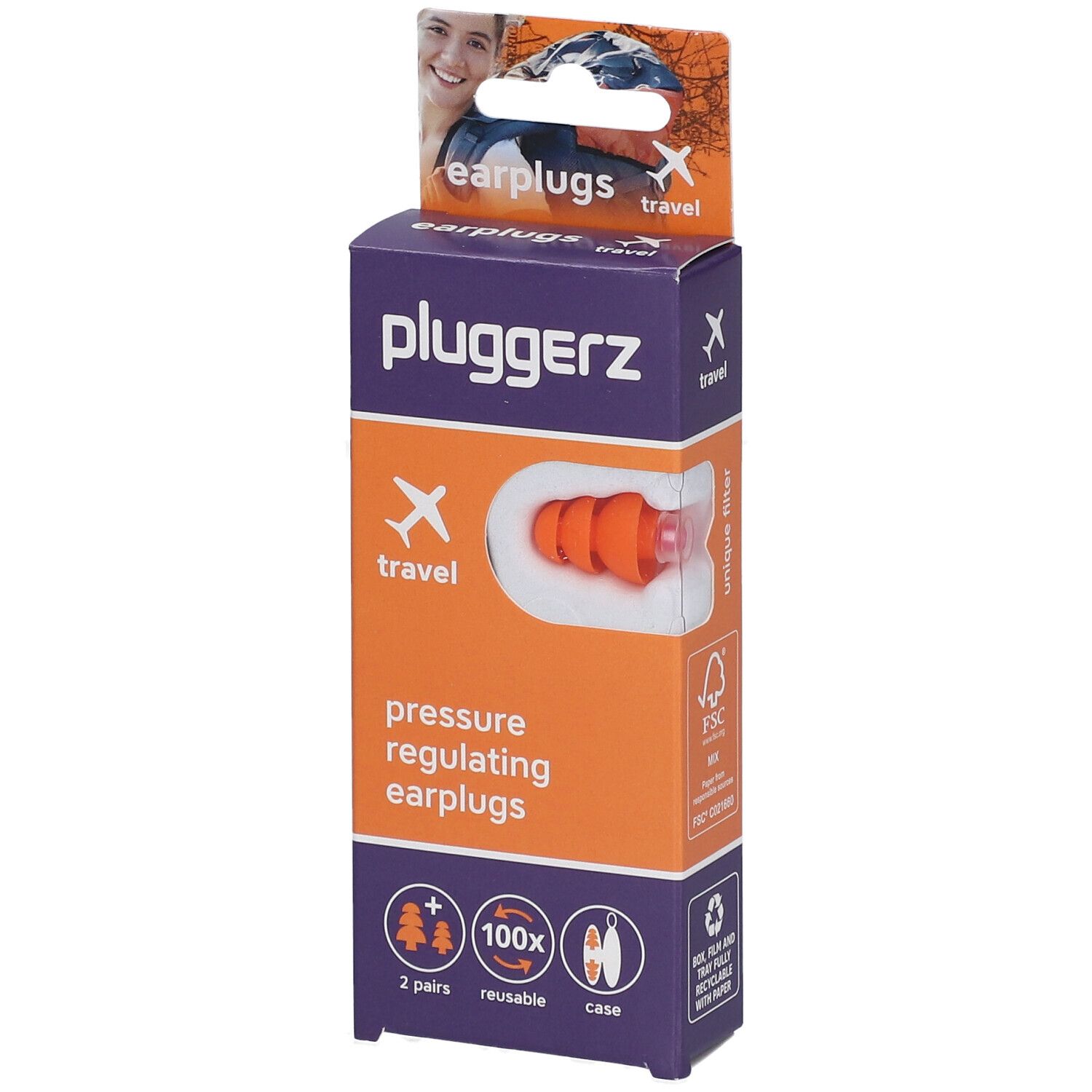 Bouchons d'oreille dans un emballage. Marque : pluggerz travel. Bouchons orange, 2 paires, réutilisables, avec étui. Régulation de la pression.