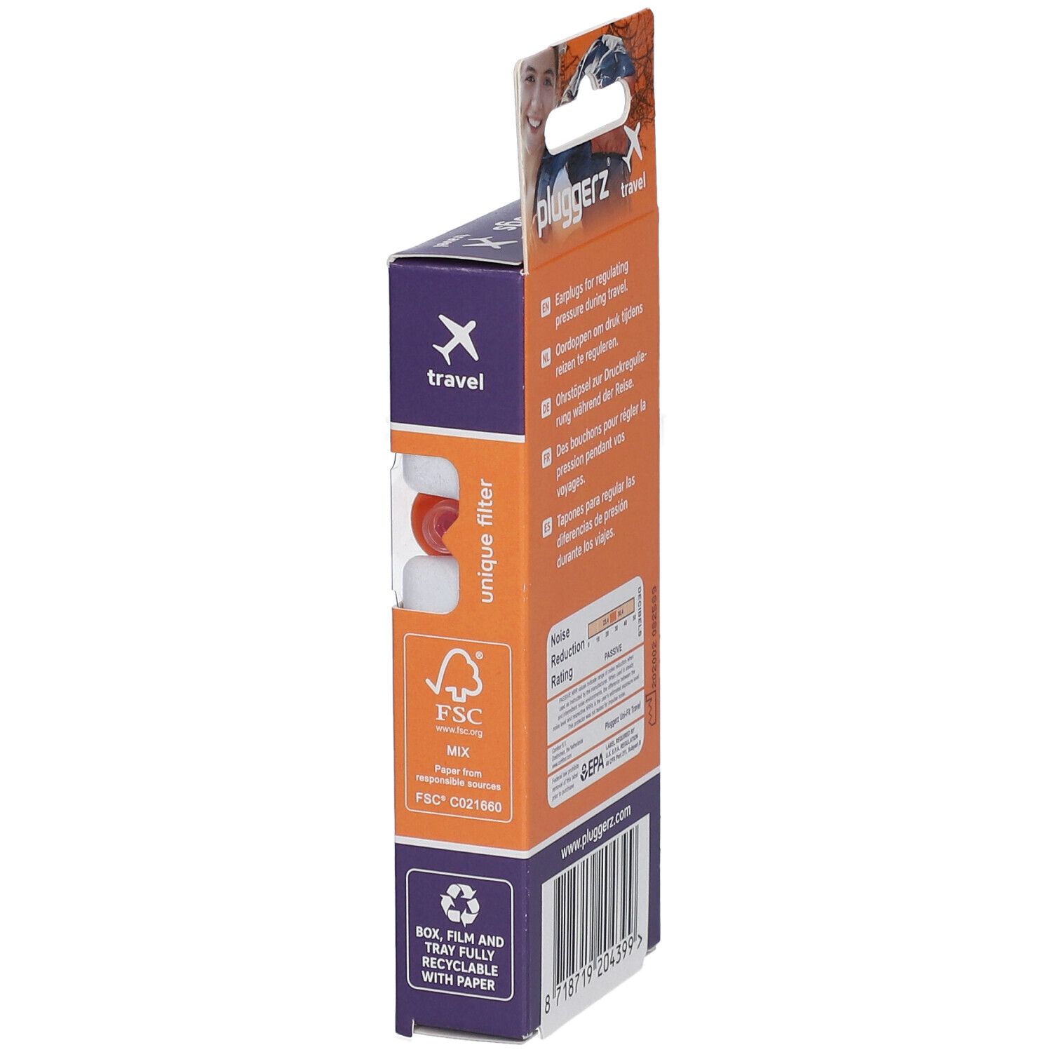 Emballage de bouchons d'oreille. Marque : pluggerz travel. Contient des informations sur la durabilité et le recyclage.
