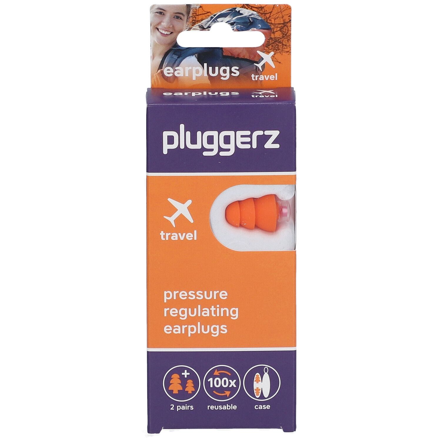 Bouchons d'oreille dans un emballage. Marque : pluggerz travel. Bouchons orange, 2 paires, réutilisables, avec étui. Régulation de la pression.