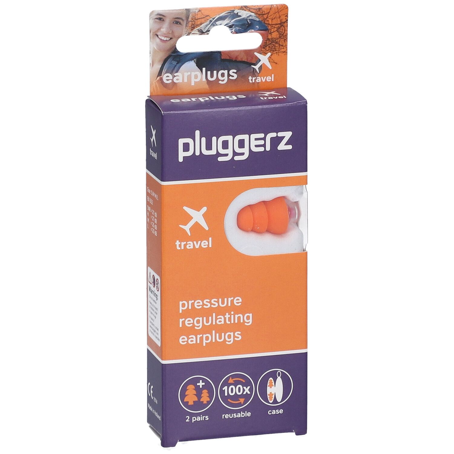 Bouchons d'oreille dans un emballage. Marque : pluggerz travel. Bouchons orange, 2 paires, réutilisables, avec étui. Régulation de la pression.