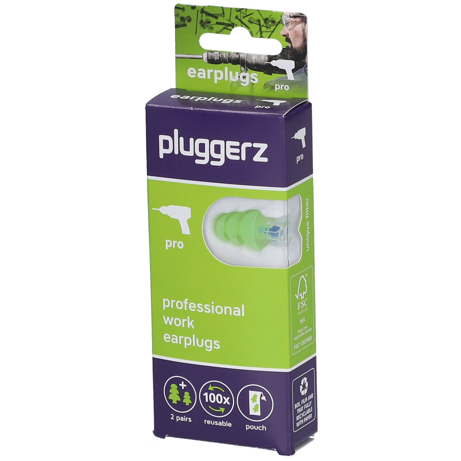 Emballage de bouchons d'oreille PLUGGERZ Pro. Bouchons d'oreille vert-transparent visibles. Texte : professional work earplugs, 2 pairs, reusable pouch.