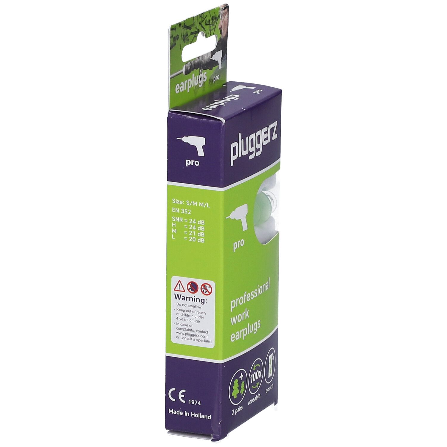 Emballage de bouchons d'oreille PLUGGERZ Pro, vue latérale. Texte : professional work earplugs, marquage CE, Made in Holland, indications de taille.