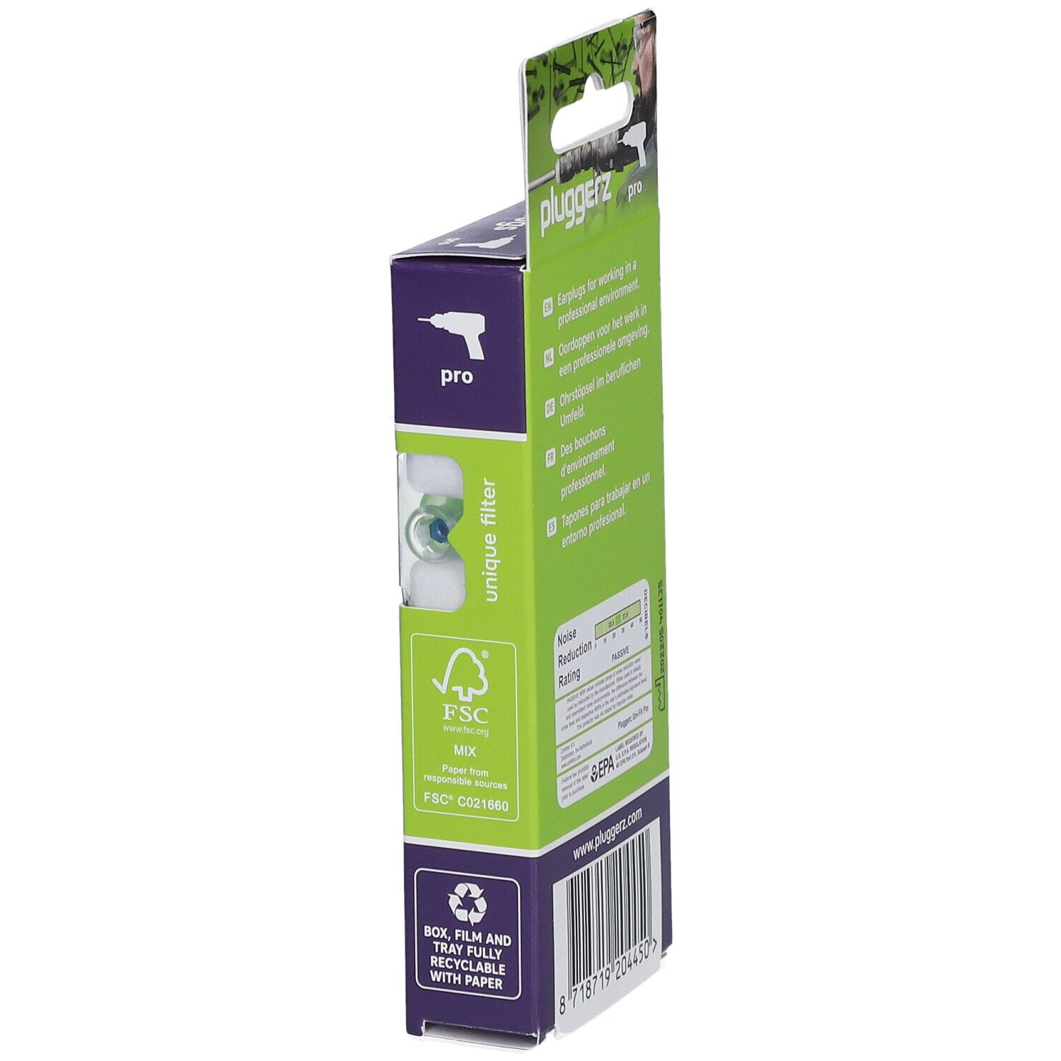 Vue latérale de l'emballage des bouchons d'oreille PLUGGERZ Pro. Texte : unique filter, logo FSC, matériau recyclable.