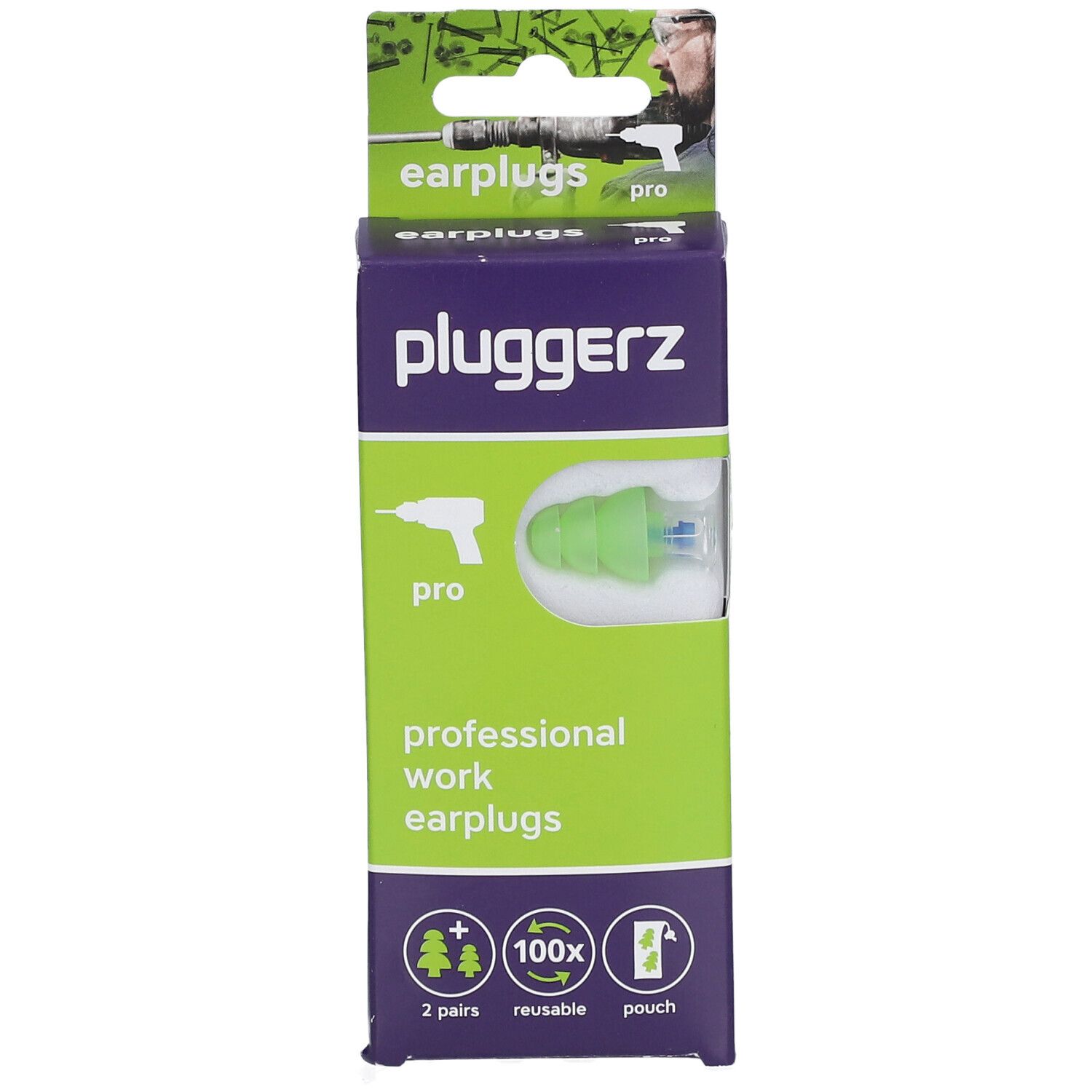 Emballage de bouchons d'oreille PLUGGERZ Pro. Bouchons d'oreille vert-transparent visibles. Texte : professional work earplugs, 2 pairs, reusable pouch.