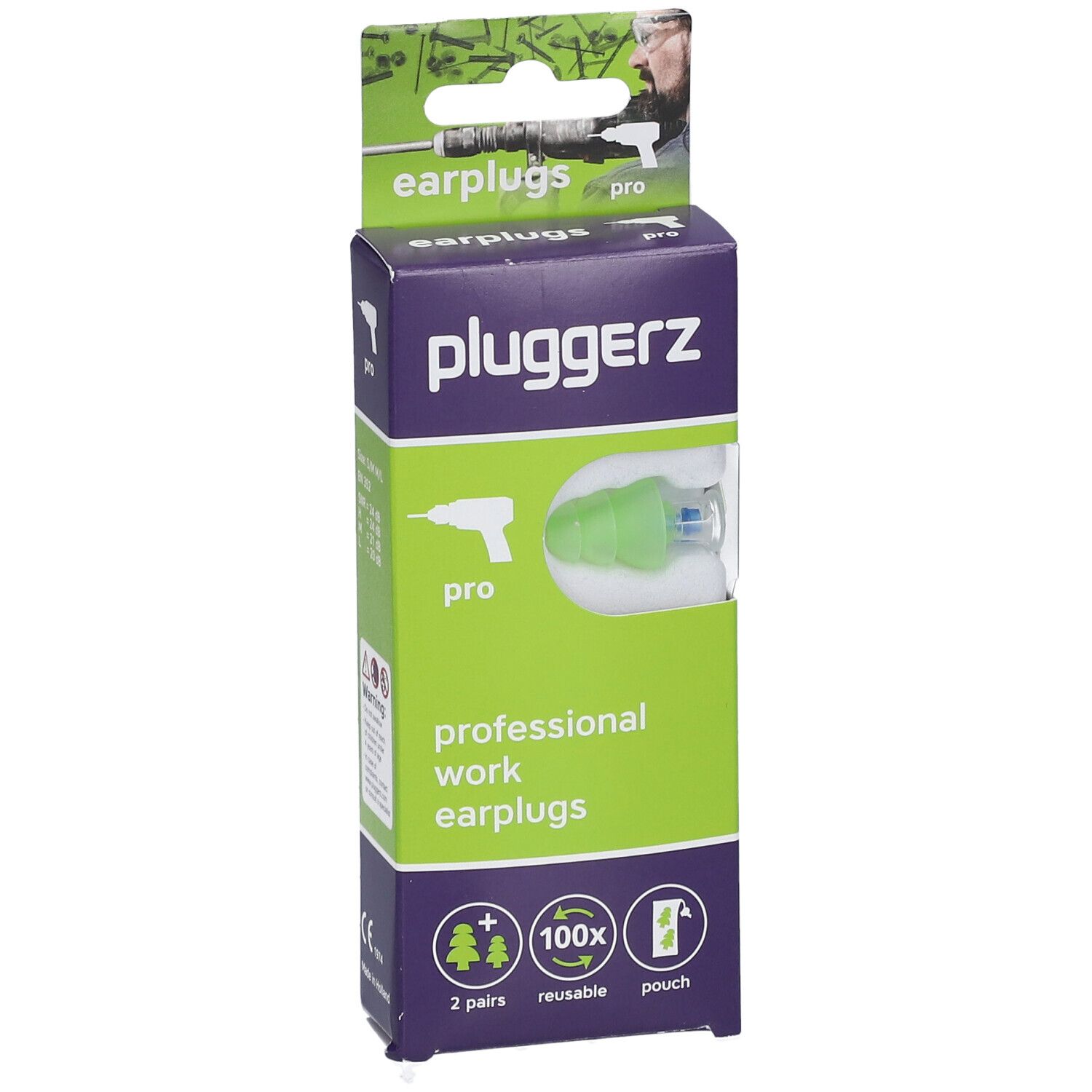 Emballage de bouchons d'oreille PLUGGERZ Pro. Bouchons d'oreille vert-transparent visibles. Texte : professional work earplugs, 2 pairs, reusable pouch.
