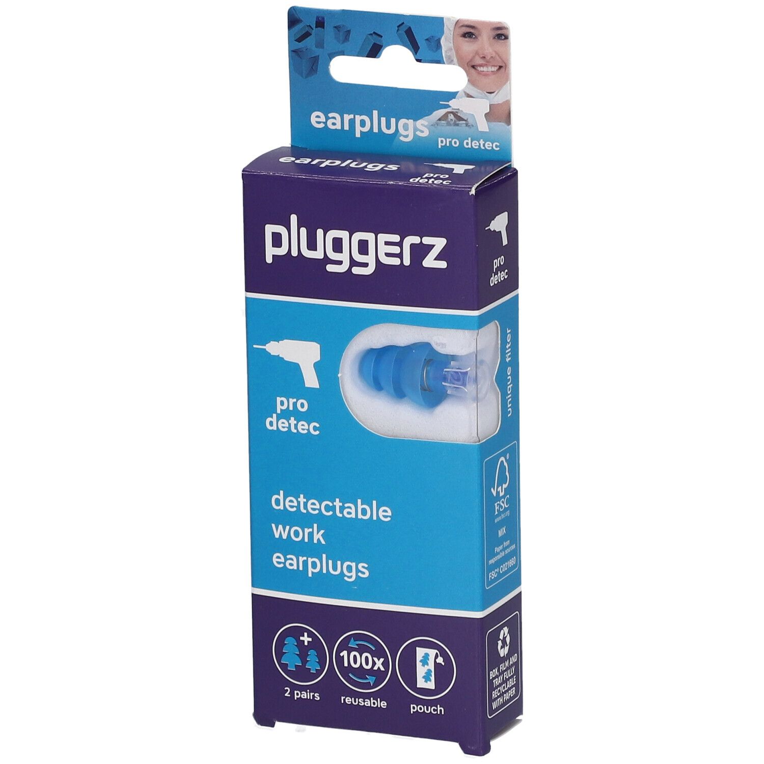 Emballage de Pluggerz Flexi Silicon Eardops Pro Detec bleus. Contient 2 paires, réutilisables, avec pochette.