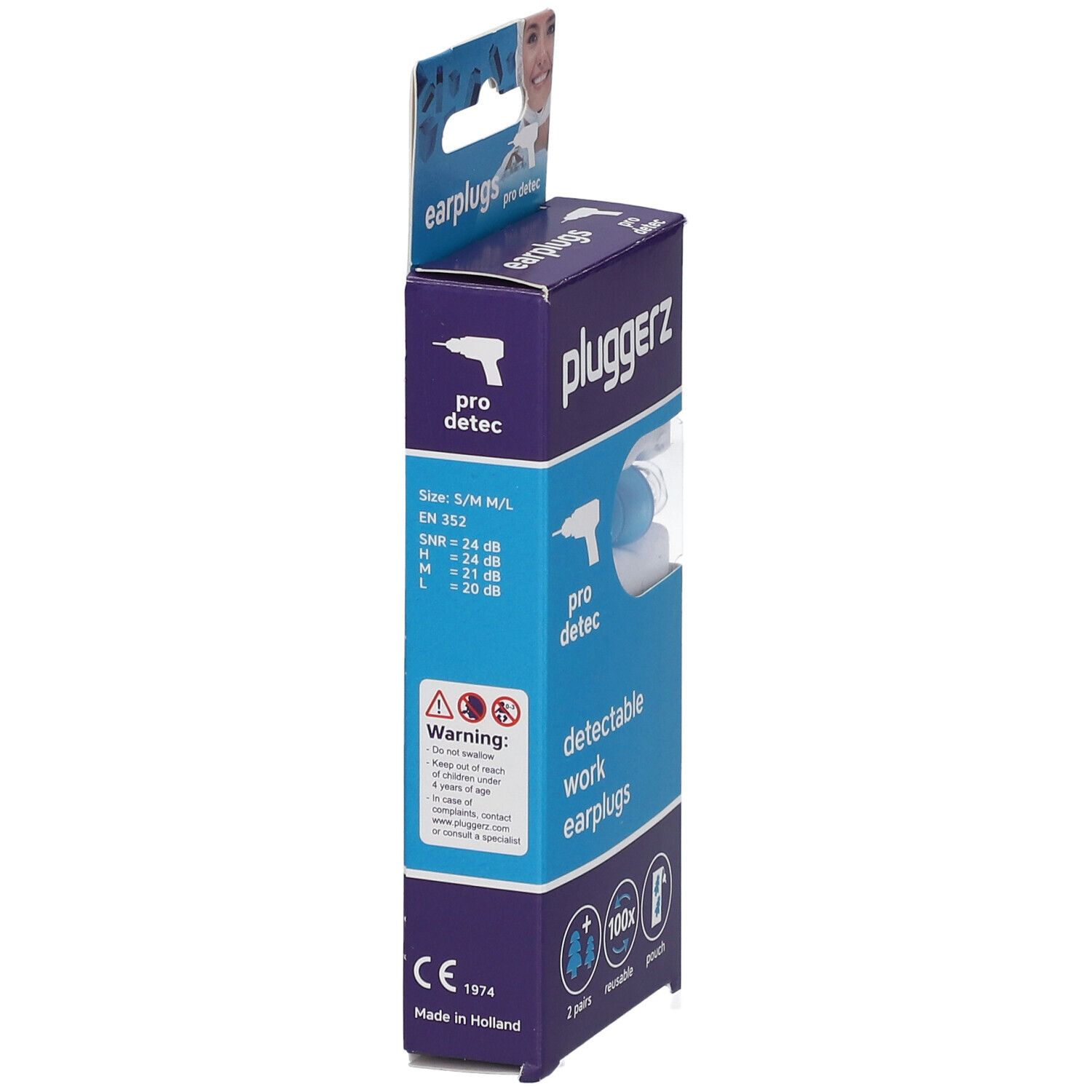 Emballage de Pluggerz Flexi Silicon Eardops Pro Detec. Contient informations de taille et avertissements. Marquage CE.